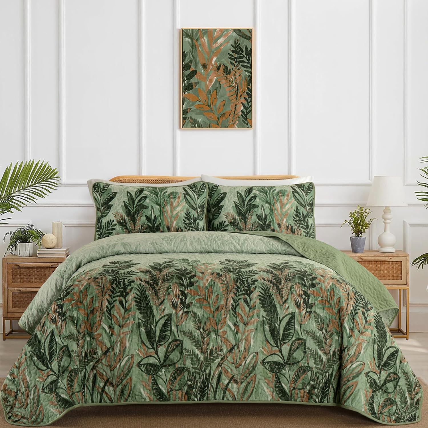 WONGS BEDDING Floral Quilt Set Blue Queen Size 3 Pieces Elegant Botanical Print Bedding Set for All Season, Lightweight Reversible Bedspreads Coverlet Set with 2 Pillow Shams