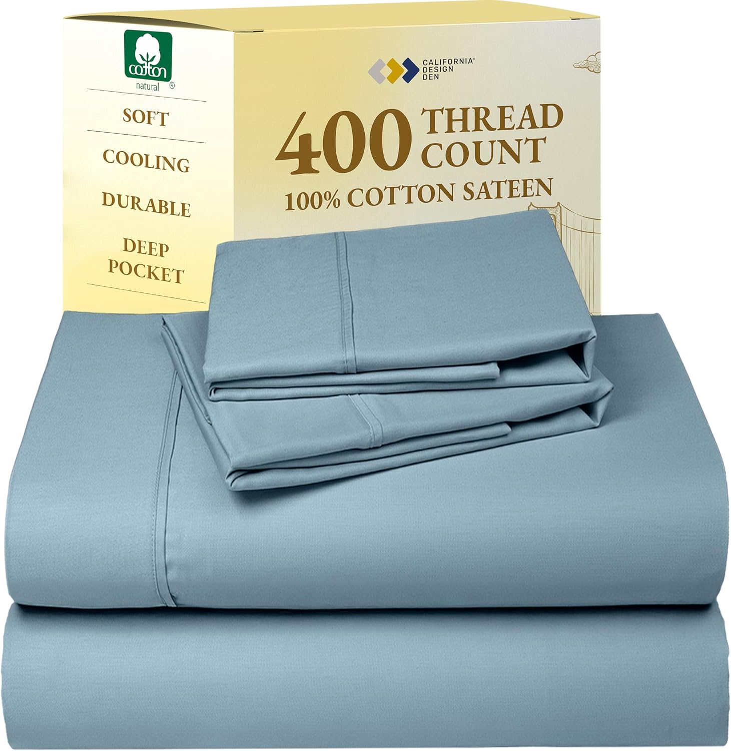 California Design Den King Size Sheets Set - Soft 400 Thread Count Sateen, Natural 100% Cotton Sheets King Size, Deep Pockets with All Around Elastic for a Snug Fit, Cool & Durable Bedding - White