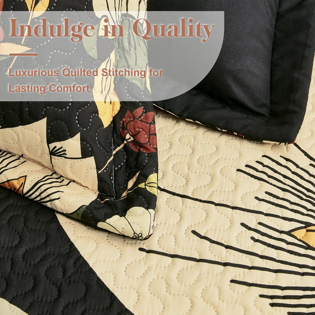3 Piece Black Boho Floral Full/Queen Quilt Sets Reversible Farmhouse Botanical Lightweight Bedspread Coverlet with 2 Shams Mid Century Microfiber Fall Bedding Quilts Set for All Season,90''x96''