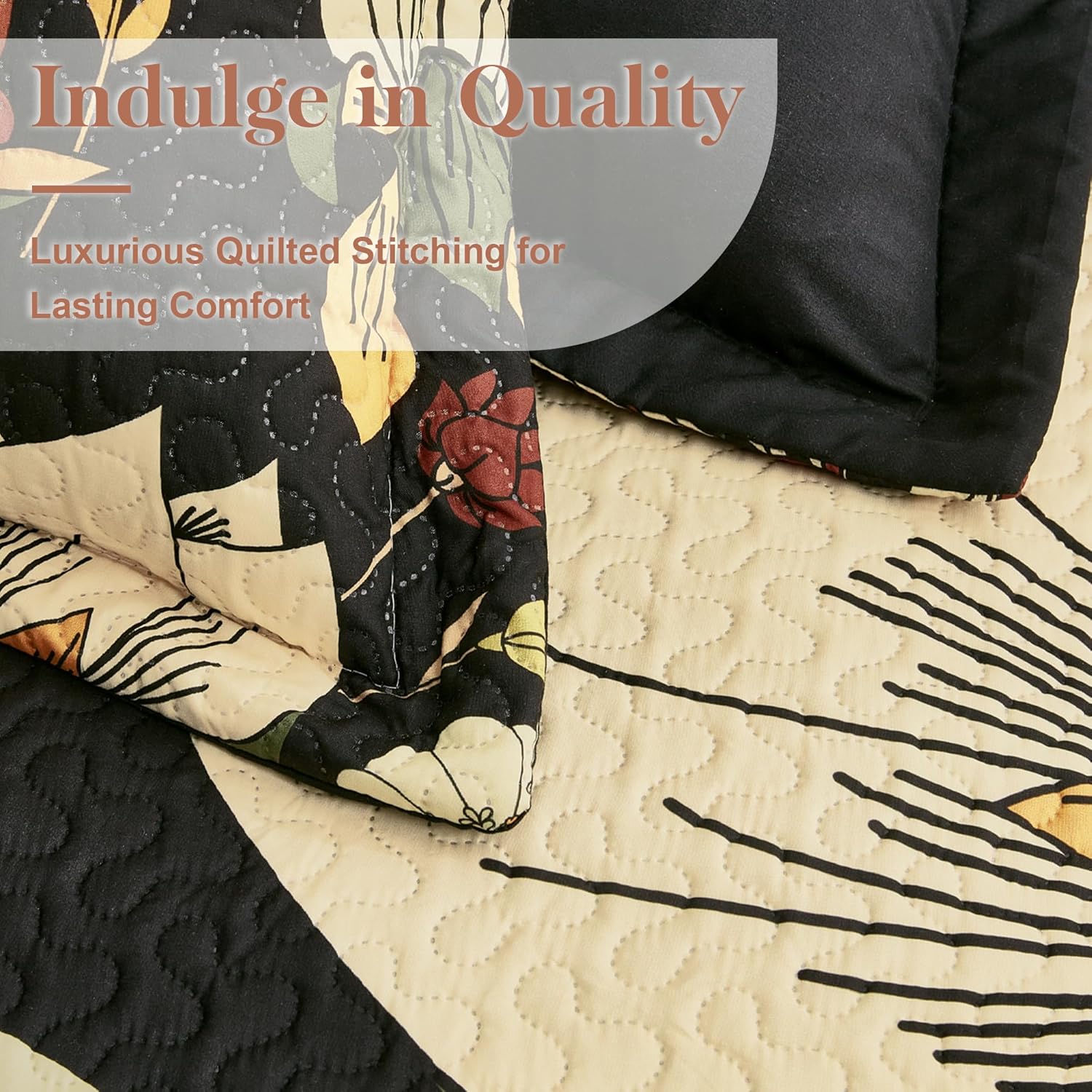 3 Piece Black Boho Floral Full/Queen Quilt Sets Reversible Farmhouse Botanical Lightweight Bedspread Coverlet with 2 Shams Mid Century Microfiber Fall Bedding Quilts Set for All Season,90''x96''