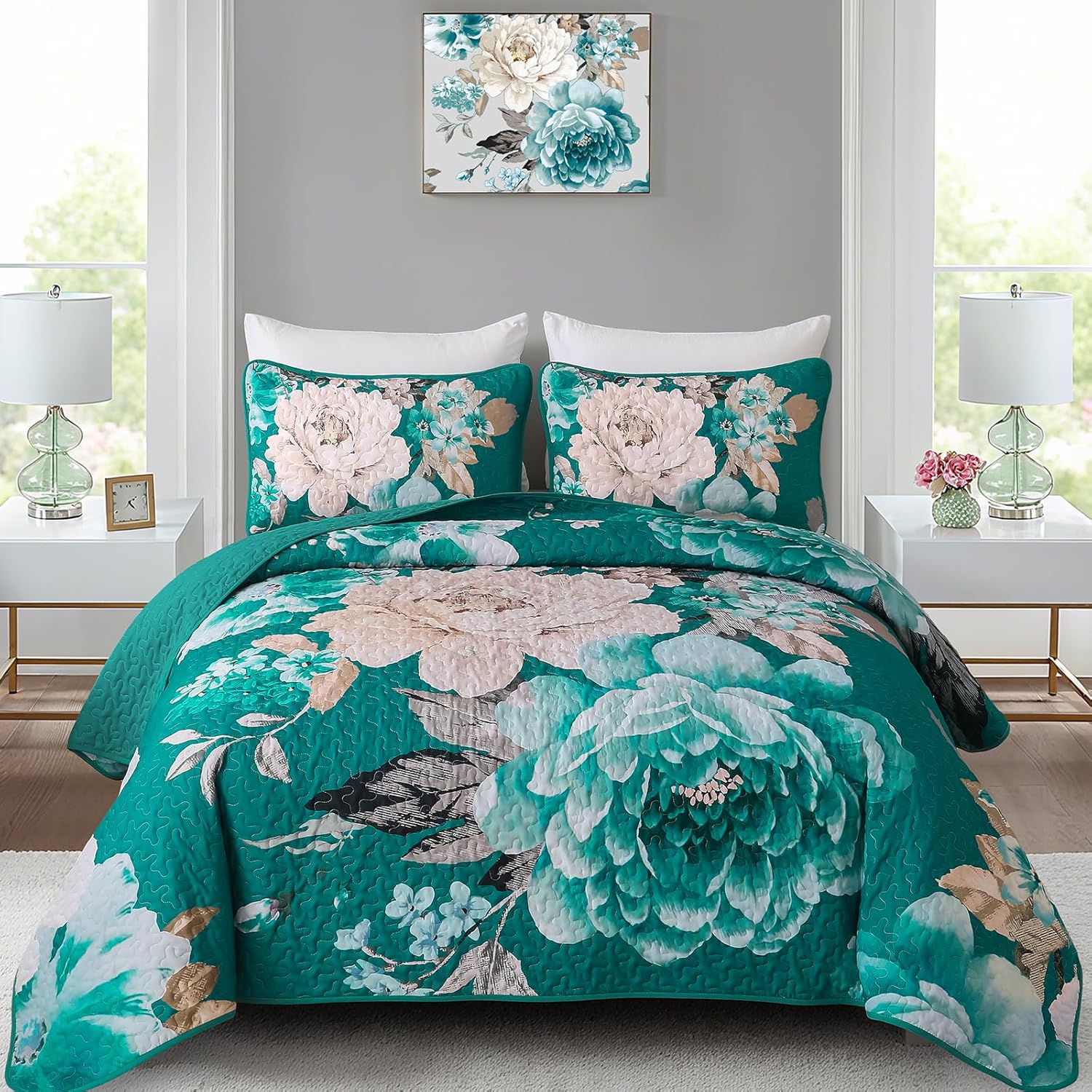 WONGS BEDDING Floral Quilt Set Blue Queen Size 3 Pieces Elegant Botanical Print Bedding Set for All Season, Lightweight Reversible Bedspreads Coverlet Set with 2 Pillow Shams