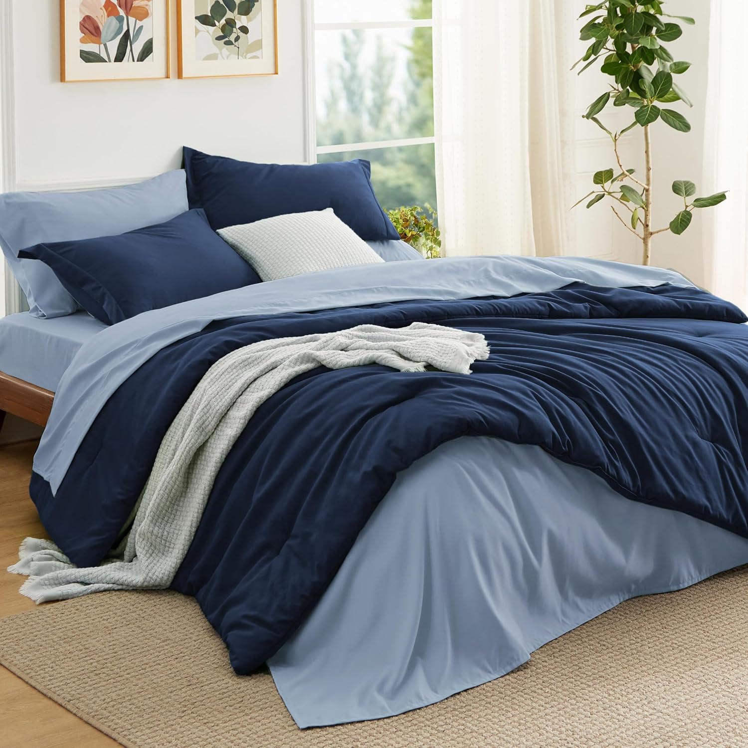 Bedsure Queen Comforter Set - 7 Pieces Grayish Blue Queen Bedding Set for All Seasons, Boho Contrasting Design Bed in a Bag with Comforter, Sheets, Pillowcases & Shams