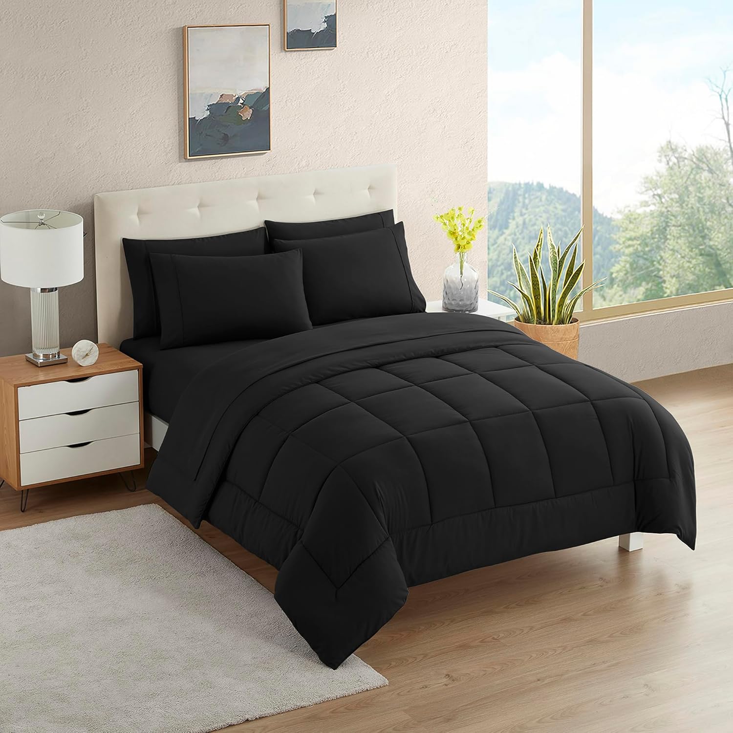 Sweet Home Collection 5 Piece Comforter Set Bag Solid Color All Season Soft Down Alternative Blanket & Luxurious Microfiber Bed Sheets, Black, Twin