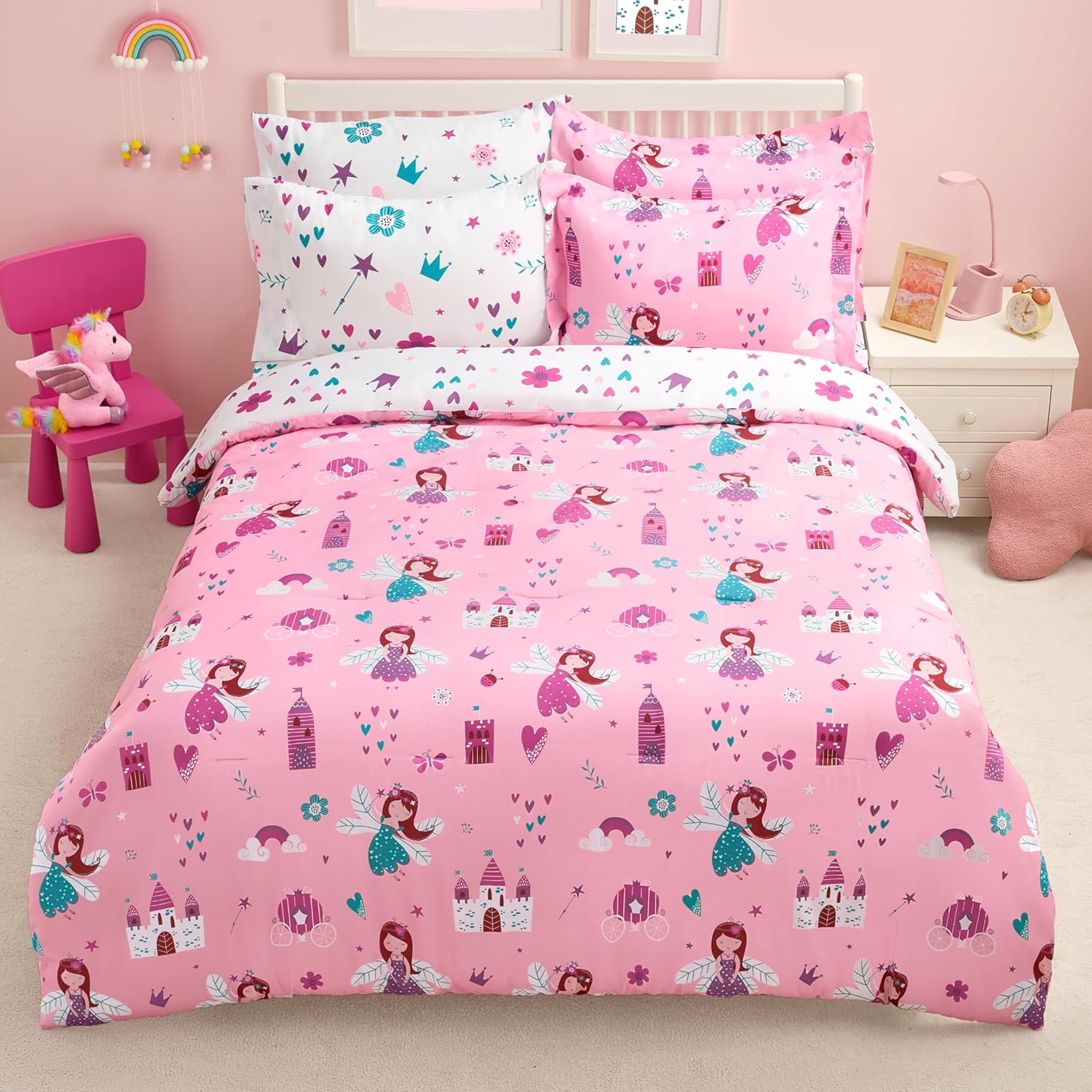 Joiedomi Kid Twin Comforter Set 5 Piece Unicorn Bedding Set for Boys Girls Super Soft Microfiber Bed in a Bag with Comforter Sheets Pillowcase Sham
