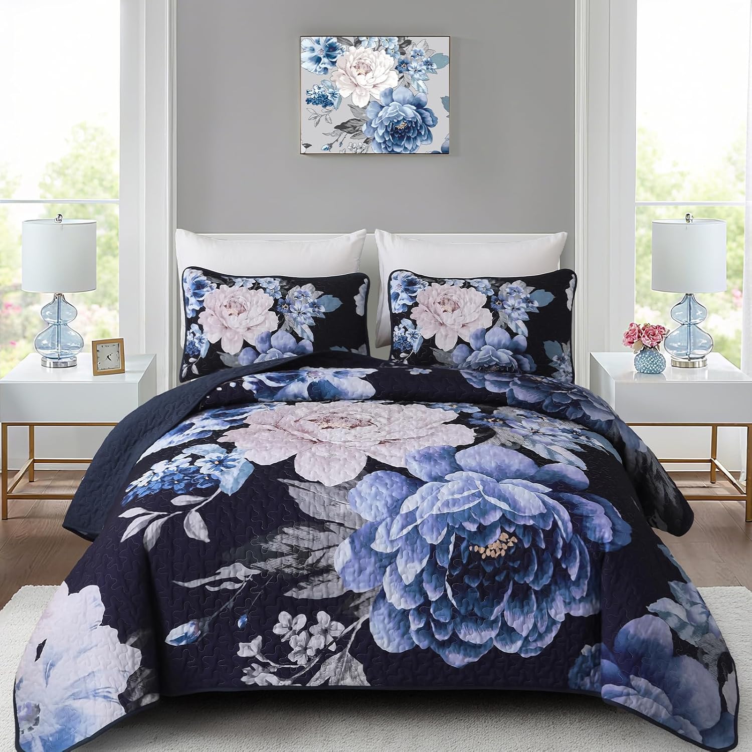 WONGS BEDDING Floral Quilt Set Blue Queen Size 3 Pieces Elegant Botanical Print Bedding Set for All Season, Lightweight Reversible Bedspreads Coverlet Set with 2 Pillow Shams