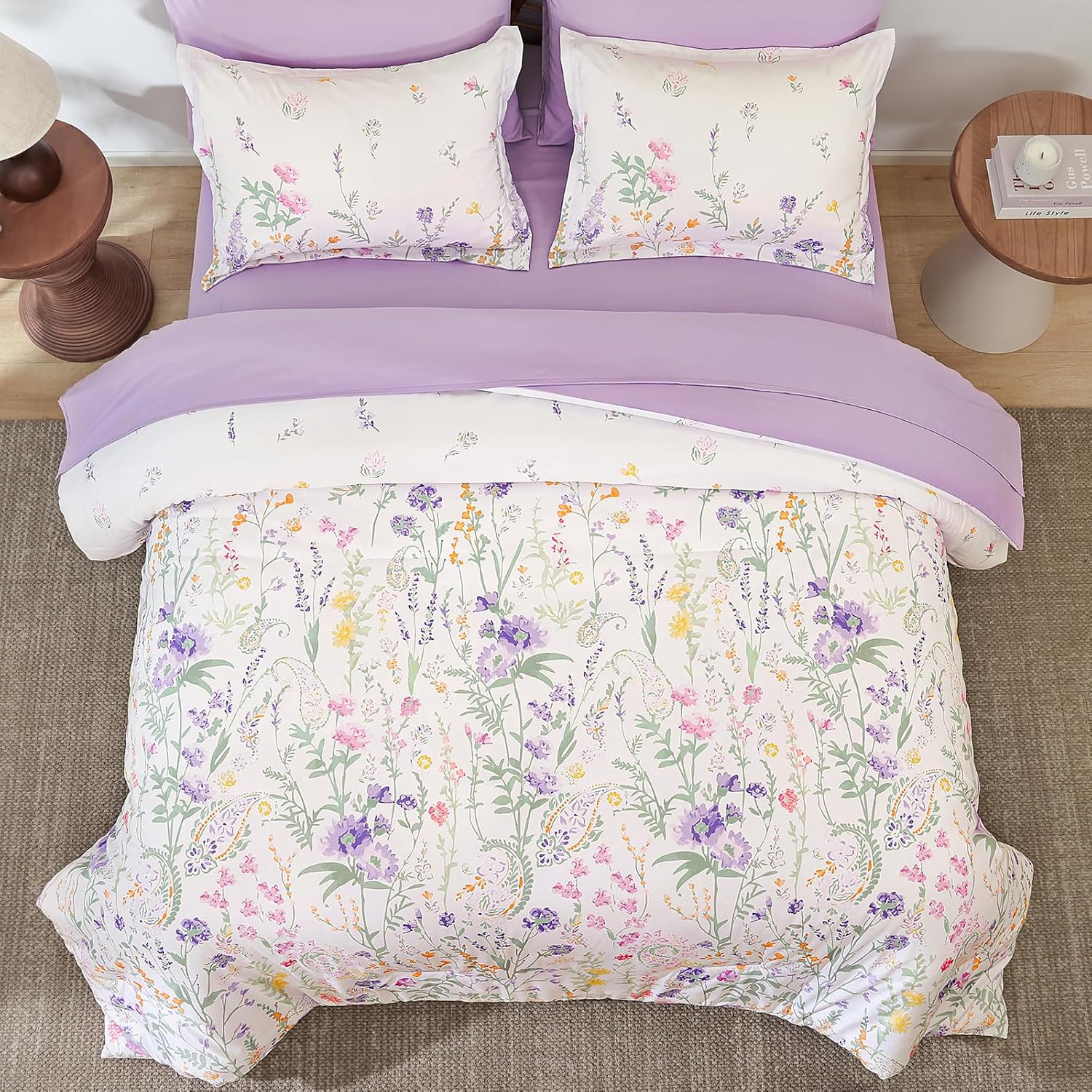 Yiran Purple Watercolour Floral Comforter Set Queen Size, 7 Piece Cute Botanical Lavender Comforter Bedding Set, Bed in a Bag Queen, Soft Microfiber Complete Bedding Set with Sheets for All Season