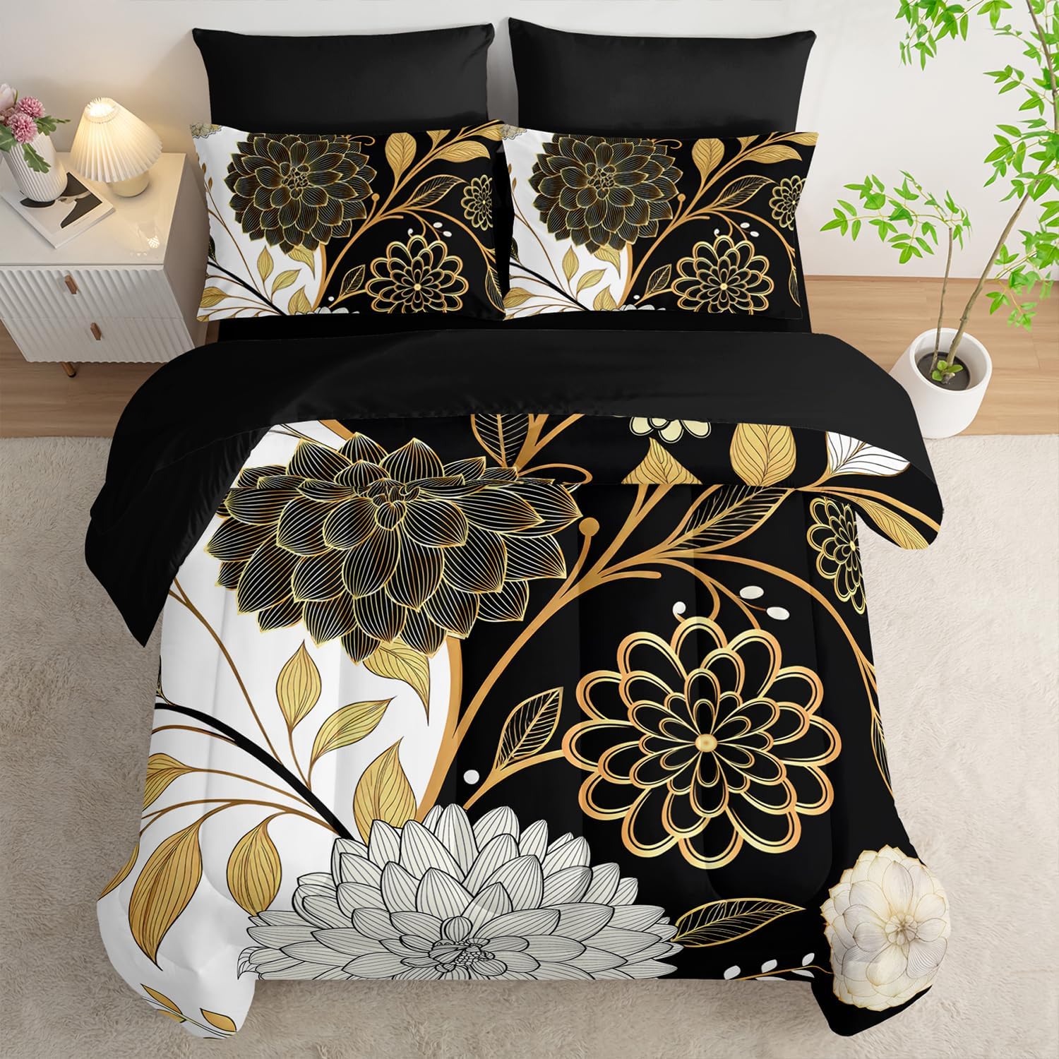 7pc Queen Comforter Set: Black & Gold Floral Bed in a Bag, Elegant Bedding with Sheets, Soft Microfiber, All Season Flower Design