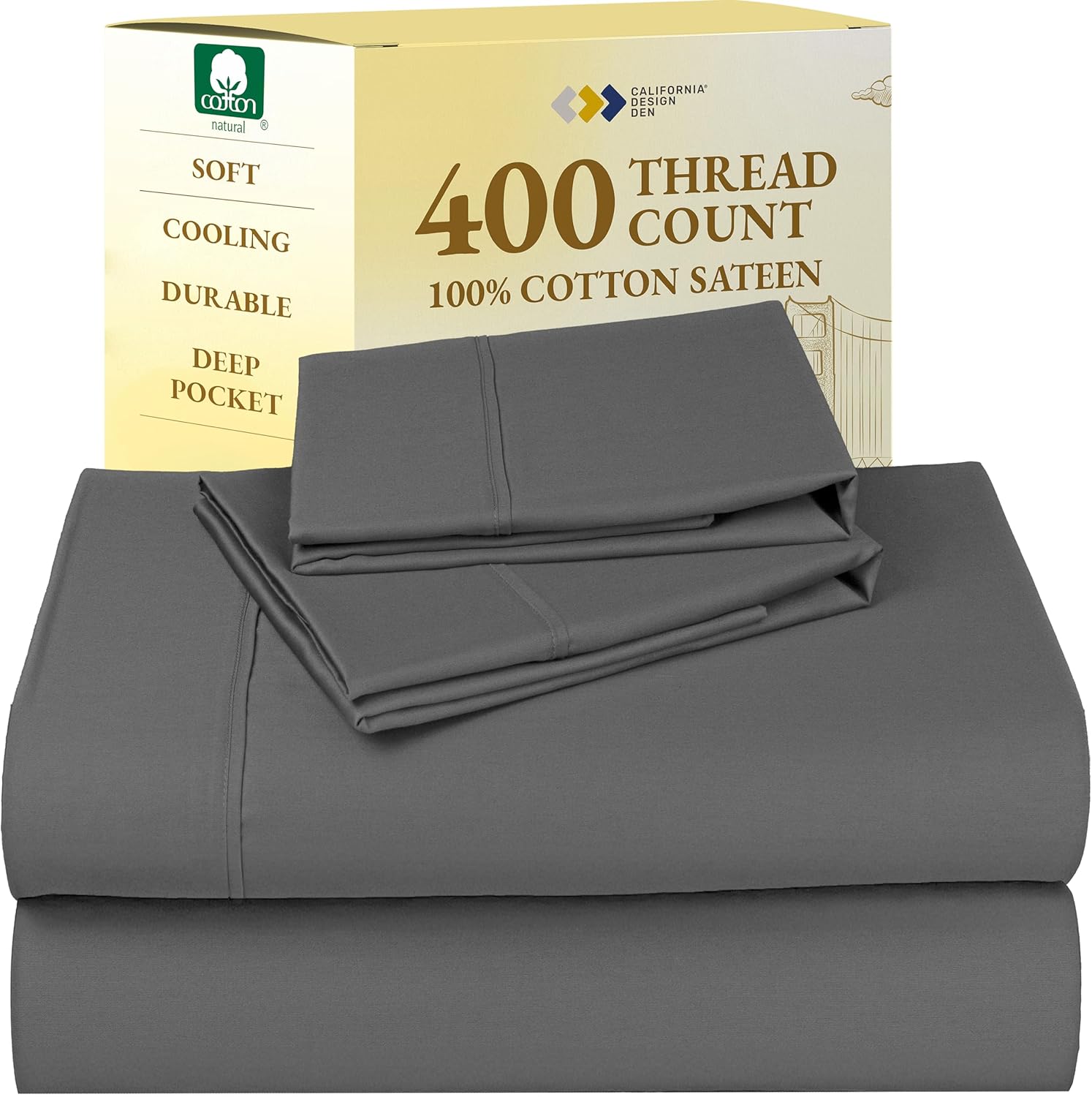 California Design Den King Size Sheets Set - Soft 400 Thread Count Sateen, Natural 100% Cotton Sheets King Size, Deep Pockets with All Around Elastic for a Snug Fit, Cool & Durable Bedding - White