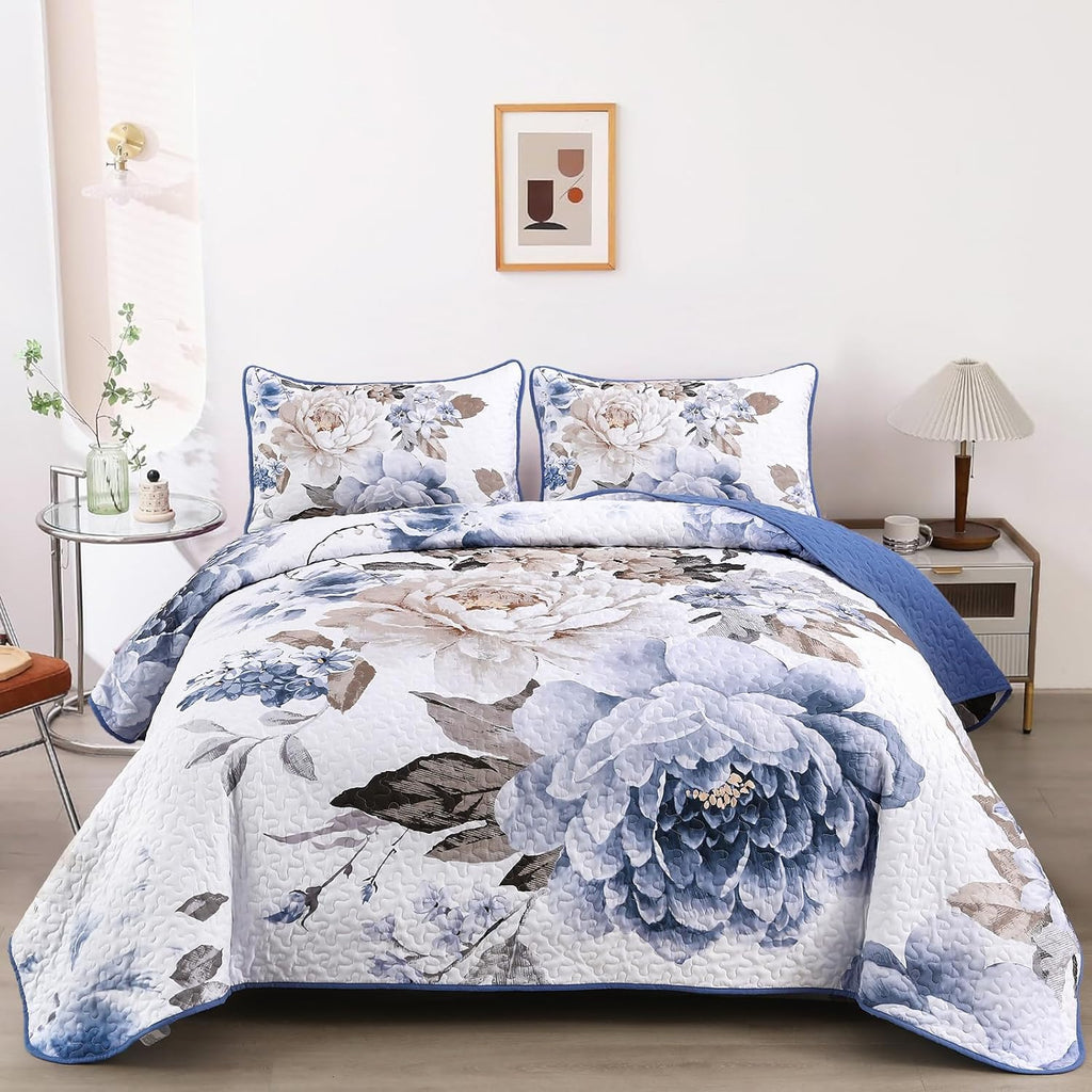WONGS BEDDING Floral Quilt Set Blue Queen Size 3 Pieces Elegant Botanical Print Bedding Set for All Season, Lightweight Reversible Bedspreads Coverlet Set with 2 Pillow Shams