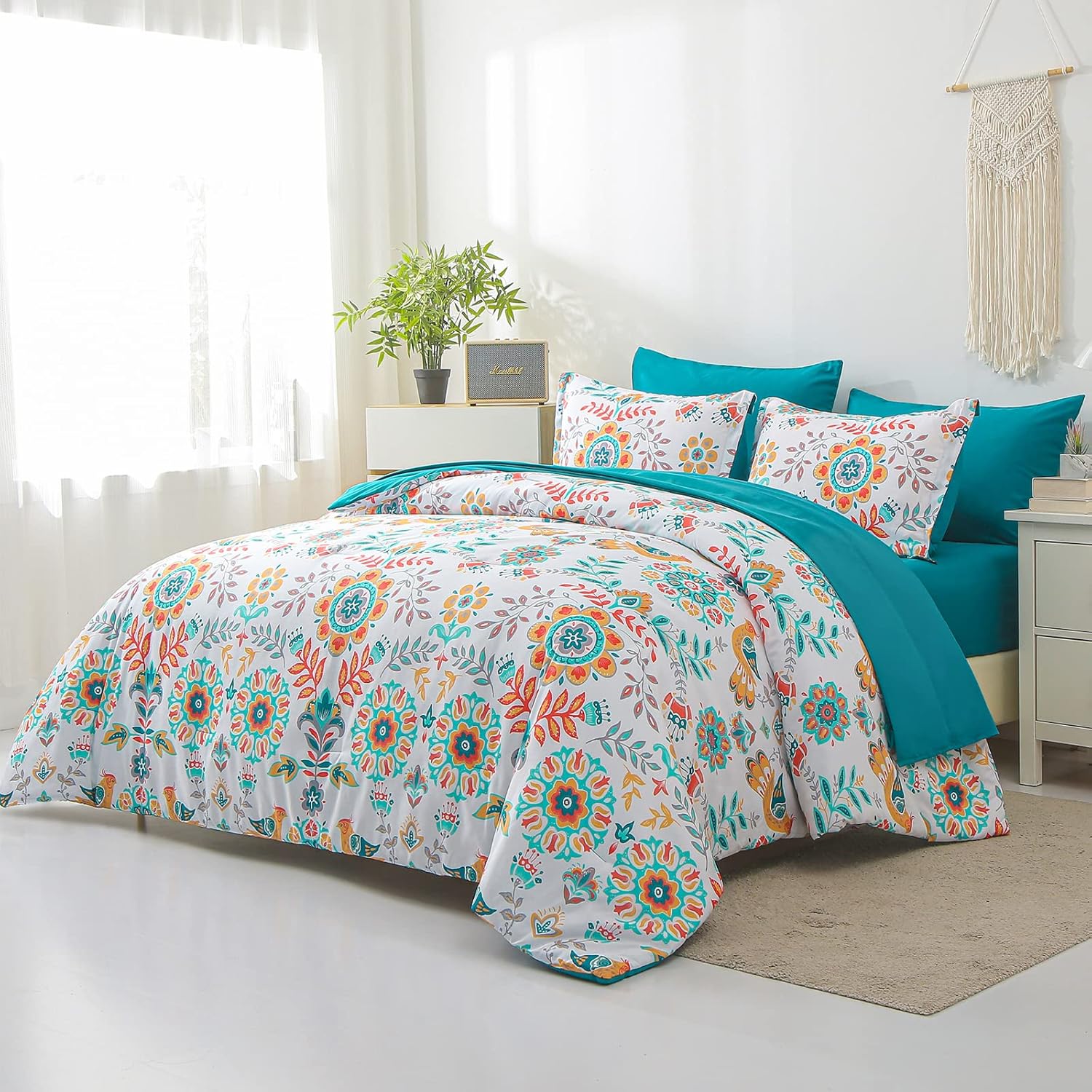 Boho Comforter Set Queen - 7 Pieces Bed in a Bag Floral Medallions Design, Bohemian Comforter Set with Sheets, Soft Microfiber Complete Bedding Sets All Season (Teal Blue, Queen)