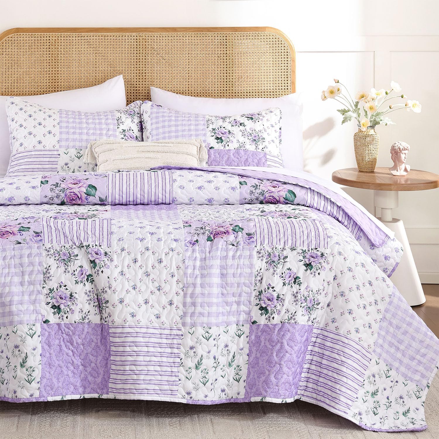 YIKUSH Quilt Sets Queen Size Floral Quilt Set 3 Pieces Bedding Set Bedspreads Pink Comforter Blanket with 2 Pillow Cases- Ultra Soft Floral Coverlet with Printed Pattern 90in.x 90in