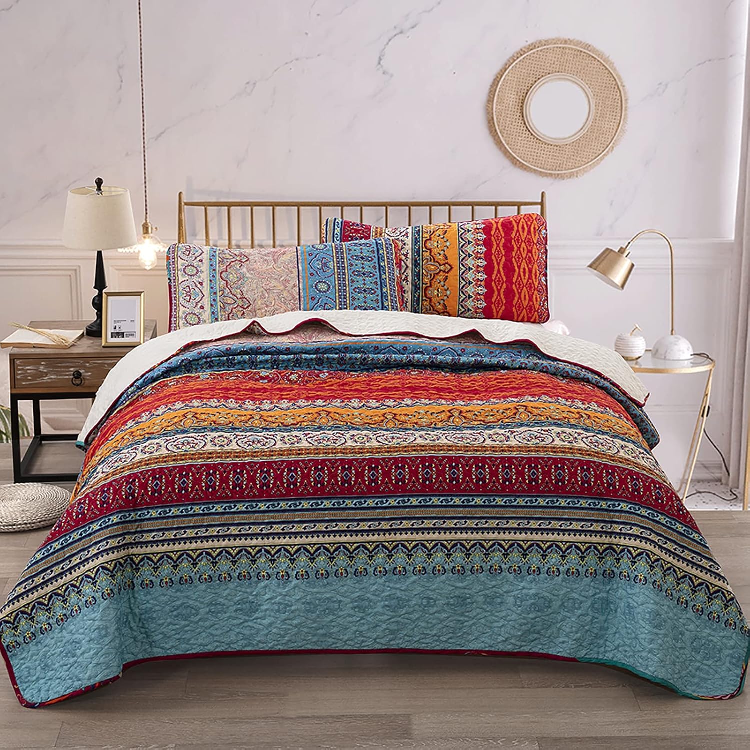 WONGS BEDDING Bohemian Quilt Set King Size, Boho Striped Printed Bedding Bedspread Coverlet Set for All Season, Lightweight Microfiber Quilts with 2 Pillowcases 104"x90" (3 Pieces, Colorful)