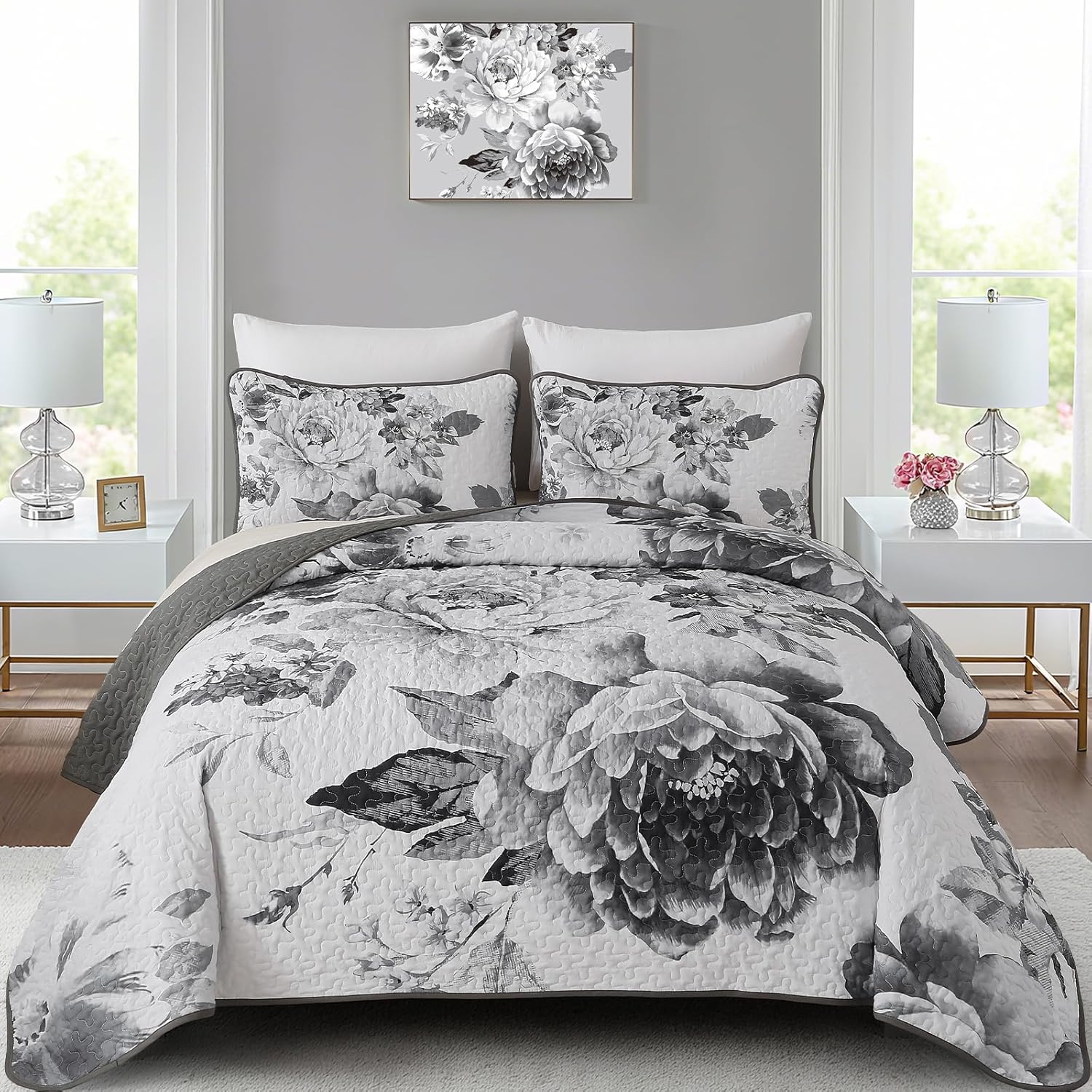 WONGS BEDDING Floral Quilt Set Blue Queen Size 3 Pieces Elegant Botanical Print Bedding Set for All Season, Lightweight Reversible Bedspreads Coverlet Set with 2 Pillow Shams