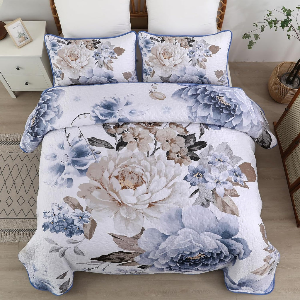 WONGS BEDDING Floral Quilt Set Blue Queen Size 3 Pieces Elegant Botanical Print Bedding Set for All Season, Lightweight Reversible Bedspreads Coverlet Set with 2 Pillow Shams