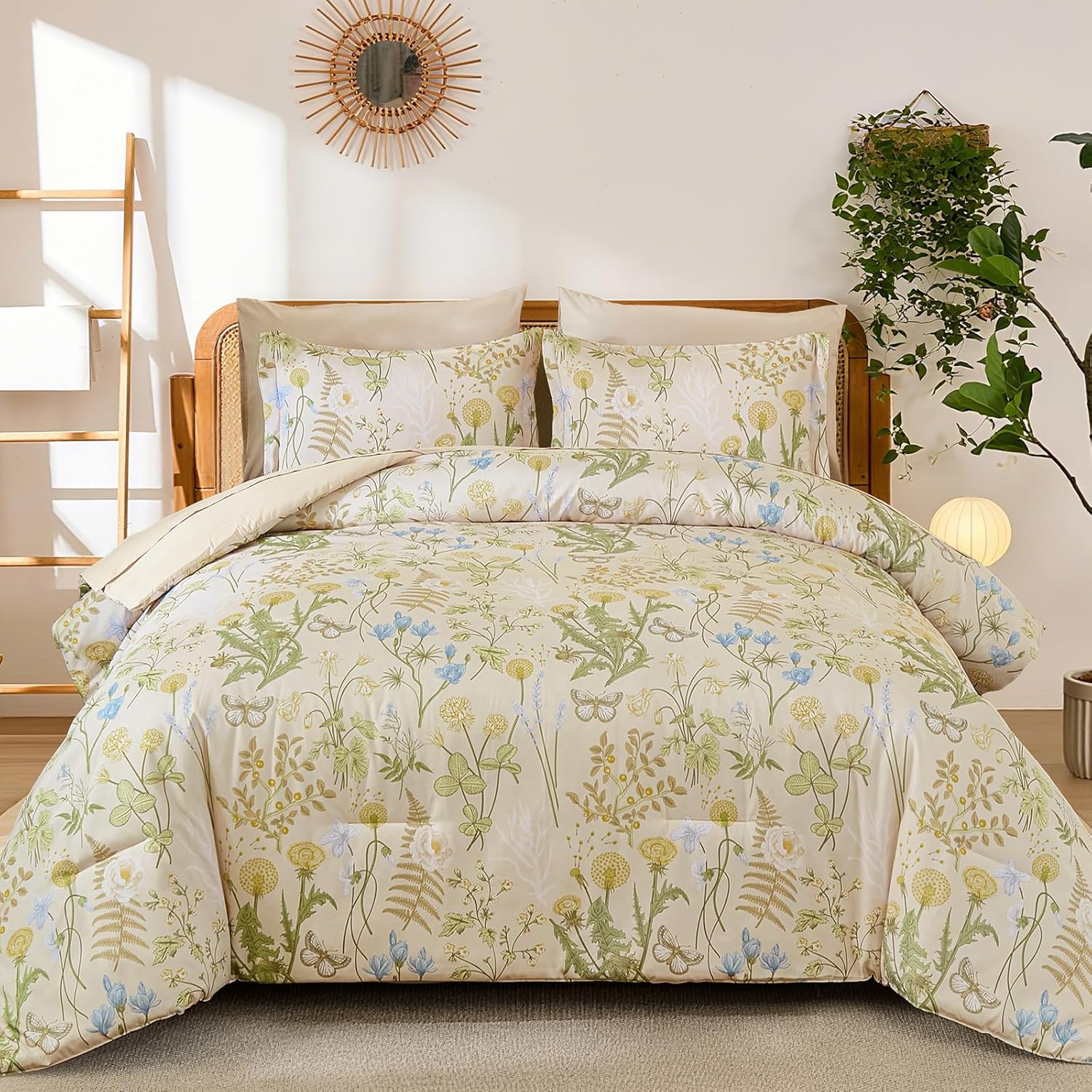 Yiran Queen Comforter Set 7 Piece, Dark Green Floral Bedding Set, Bed in a Bag Queen with Botanical Flowers Patterns, Soft Microfiber Complete Bedding Set with Sheets for All Season