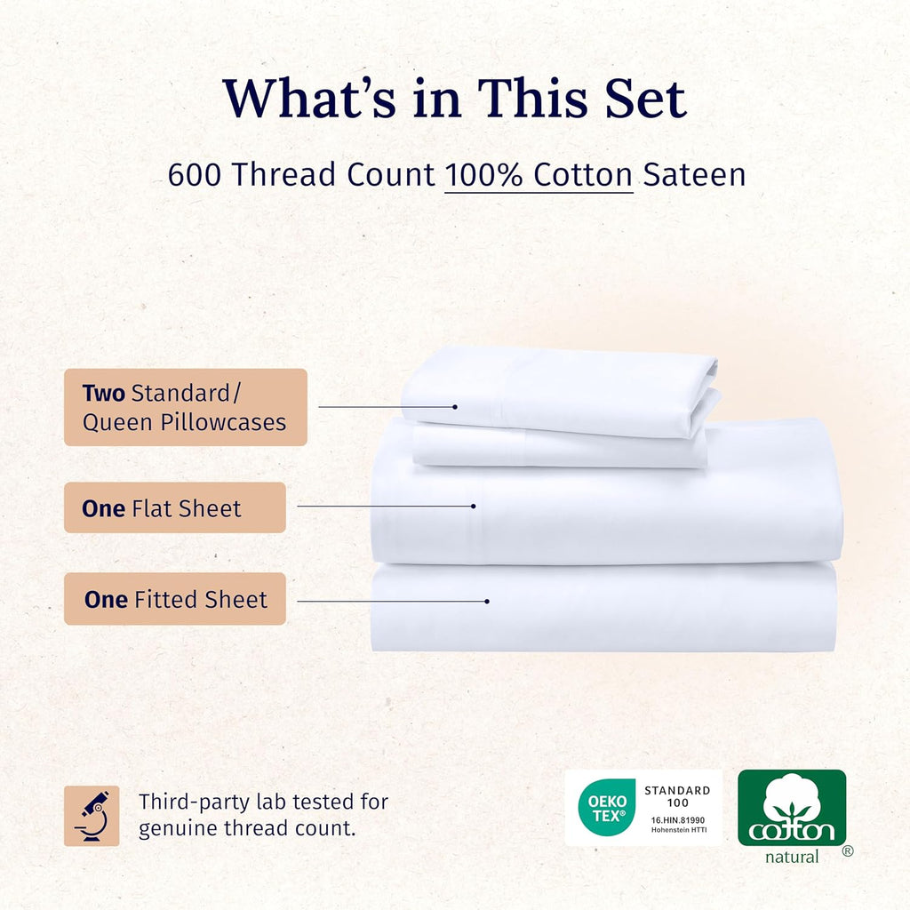 California Design Den Queen Sheet Set - Luxury 600 Thread Count Sateen, 100% Cotton Deep Pocket Queen Sheets with All Around Elastic, Snug Fit, Hotel Quality Bedding Set - White