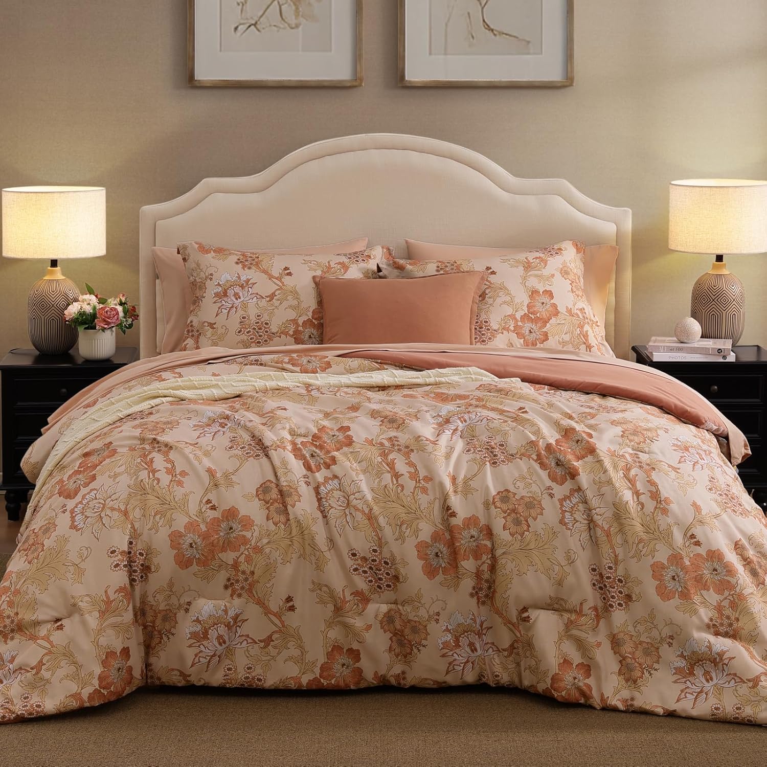 Queen Comforter Set -7 Pieces Pink Floral Comforter Set for All Seasons, Bed in a Bag Queen with Botanical Flowers Comforter, Sheets, Pillowcases & Shams