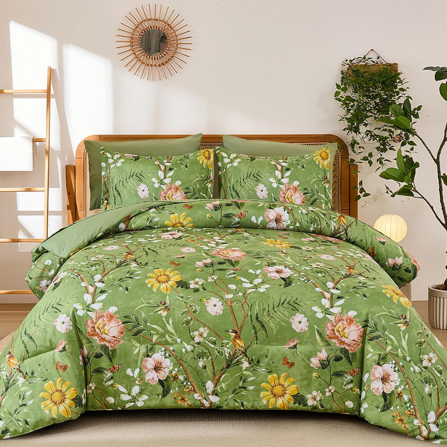 Yiran Queen Comforter Set 7 Piece, Dark Green Floral Bedding Set, Bed in a Bag Queen with Botanical Flowers Patterns, Soft Microfiber Complete Bedding Set with Sheets for All Season