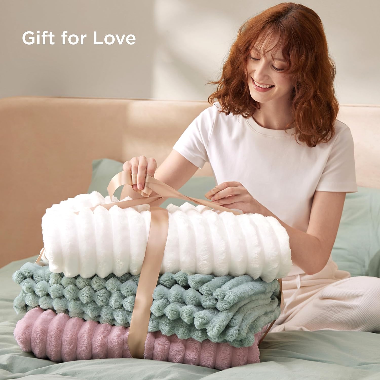 Bedsure GentleSoft Blankets Queen Size for Bed - Cozy Soft Sofa Couch Cover Blankets for Women, Cute Large Bedding Fleece Throws for Girls, Off White, 90x90 Inches