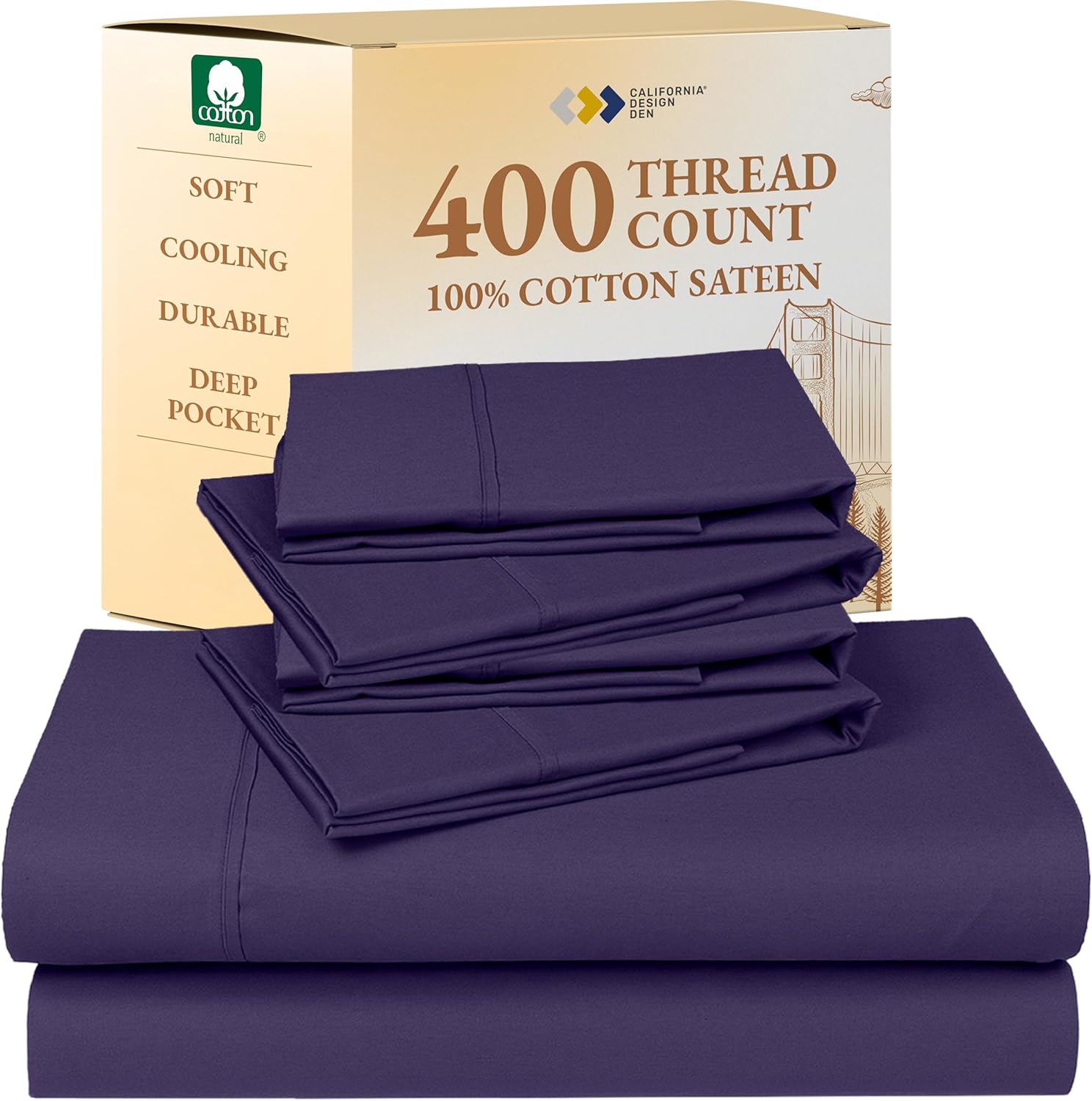 California Design Den King Size Sheets Set - Soft 400 Thread Count Sateen, Natural 100% Cotton Sheets King Size, Deep Pockets with All Around Elastic for a Snug Fit, Cool & Durable Bedding - White