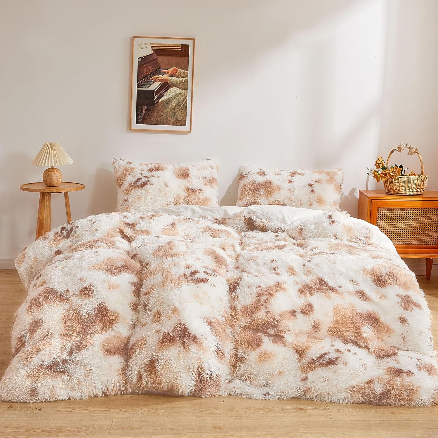 XeGe Cheetah Print Fluffy Faux Fur Duvet Cover Set, 3 Pieces Soft Plush Shaggy Fuzzy Bedding Set(1 Faux Fur Leopard Print Comforter Cover + 2 Furry Pillowcases), Zipper Closure(Queen, Brown)