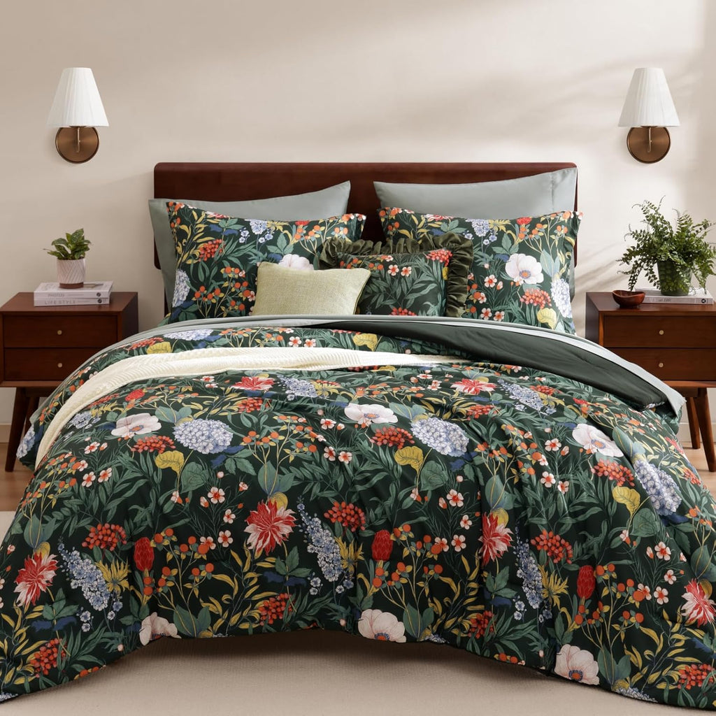WRENSONGE Queen Comforter Set-7 Pieces Green Botanical Floral Bedding, Flowers Printed Design Queen Bed in a Bag with Botanical Flowers Comforter, Sheets, Pillowcases & Shams