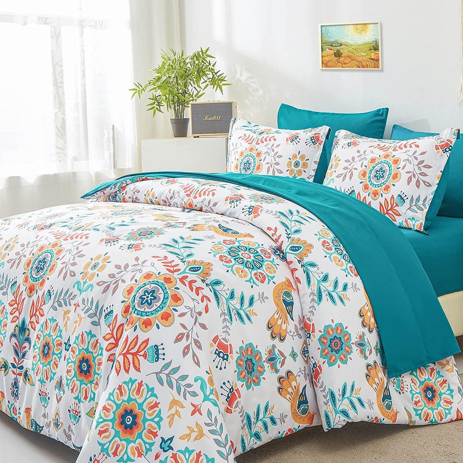 Boho Comforter Set Queen - 7 Pieces Bed in a Bag Floral Medallions Design, Bohemian Comforter Set with Sheets, Soft Microfiber Complete Bedding Sets All Season (Teal Blue, Queen)