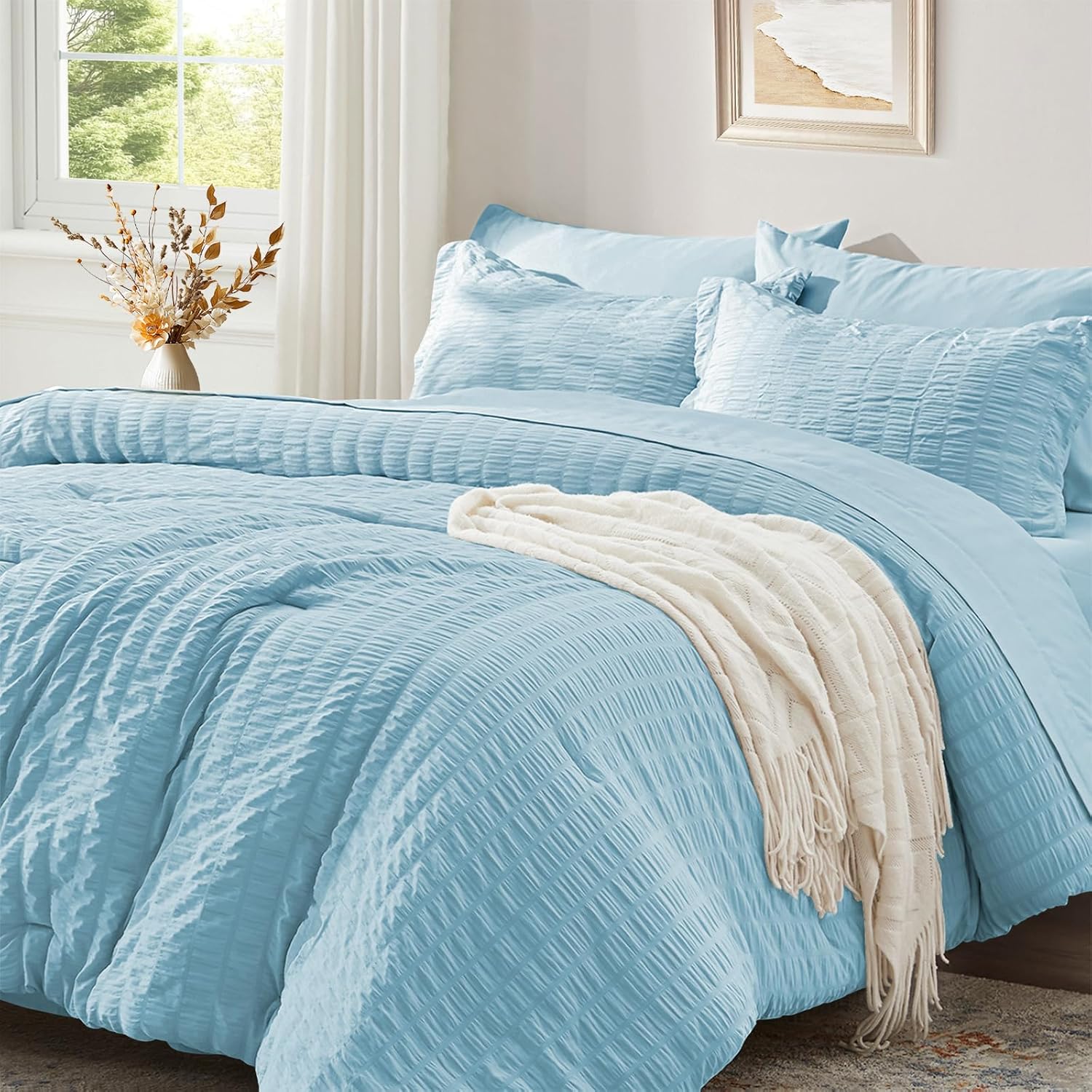 Zzlpp Queen Comforter Set 7 Pieces, Olive Green Seersucker Bed in a Bag with Comforter and Sheets, All Season Bedding Sets with 1 Comforter, 2 Pillow Shams, 2 Pillowcases, 1 Flat Sheet