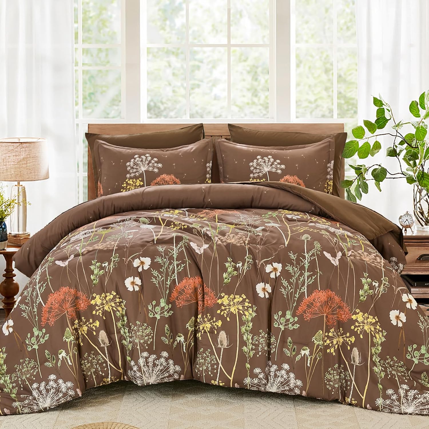 Yiran King Size Comforter Set, 7 Piece Comforter Floral Black Green Bedding Set, Soft Bed in a Bag King, Comforter, Sheets, Pillowcases & Shams