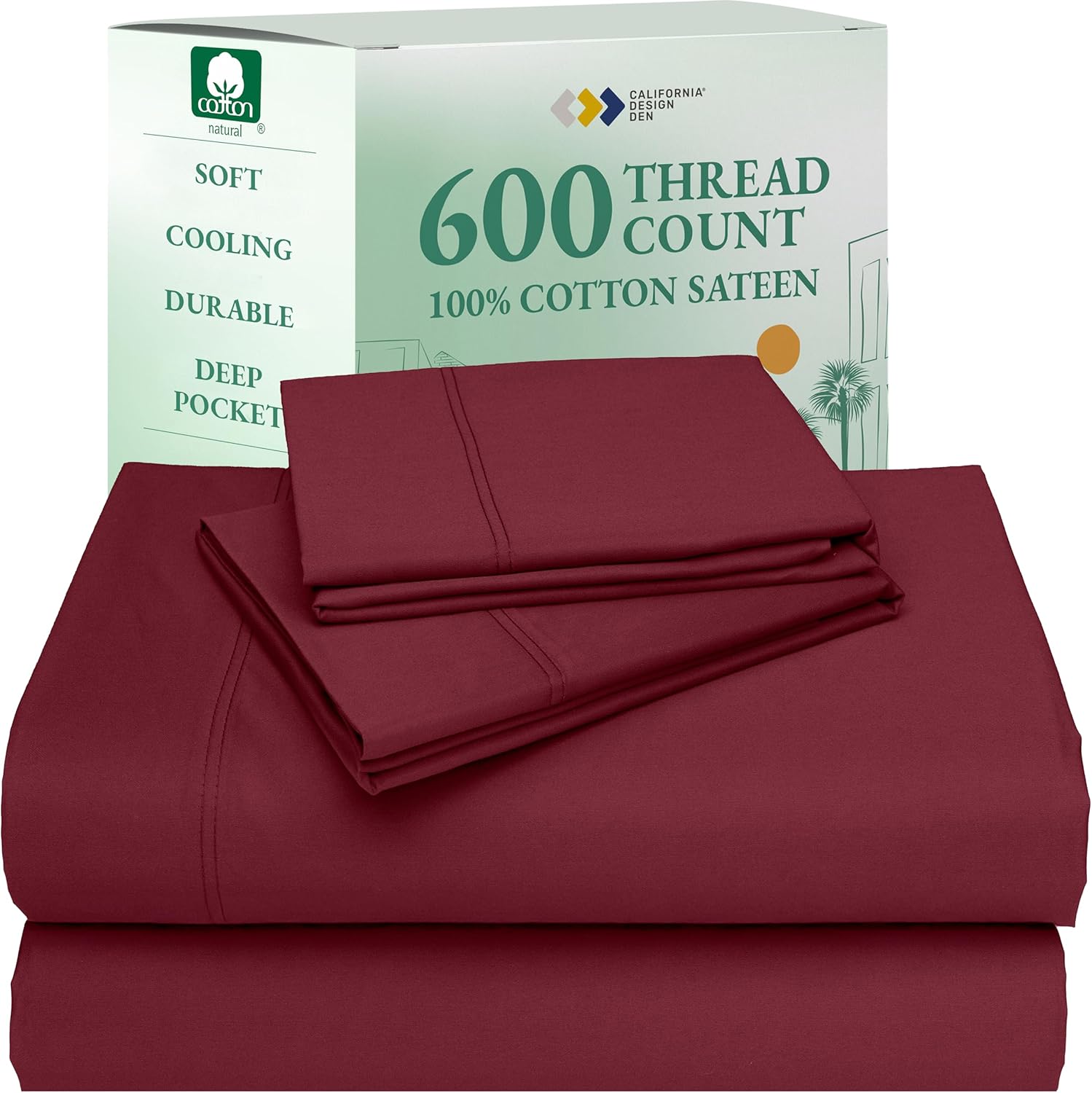 California Design Den Queen Sheet Set - Luxury 600 Thread Count Sateen, 100% Cotton Deep Pocket Queen Sheets with All Around Elastic, Snug Fit, Hotel Quality Bedding Set - White