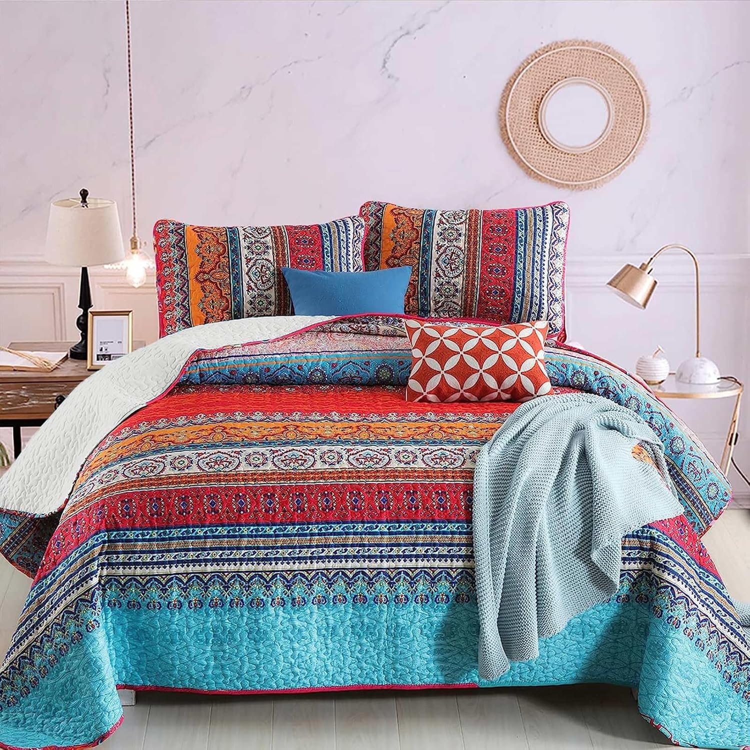 WONGS BEDDING Bohemian Quilt Set King Size, Boho Striped Printed Bedding Bedspread Coverlet Set for All Season, Lightweight Microfiber Quilts with 2 Pillowcases 104"x90" (3 Pieces, Colorful)