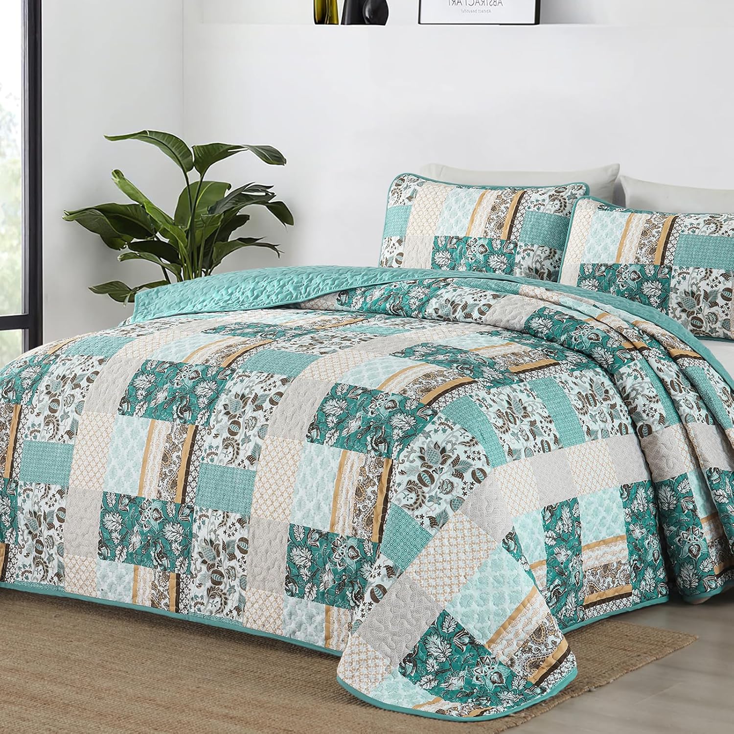 WONGS BEDDING Green Quilt Set King Size，Green Patchwork Plaid Printed Bedspread Coverlet Set，3 Pieces Summer Soft Microfiber Boho Bedding Set with 1 Quilt 2 Pillowcases