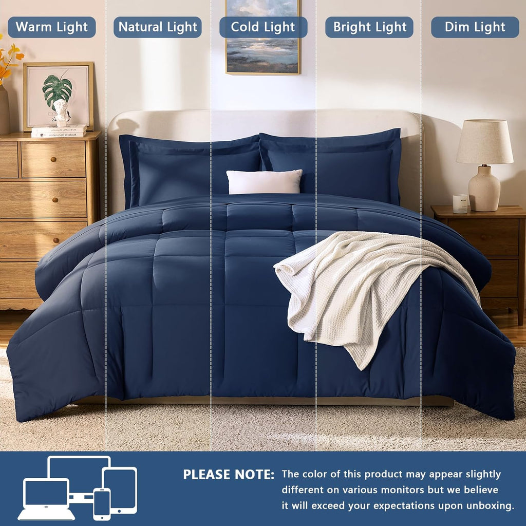 CozyLux Navy Blue Queen Comforter Set with Sheets - 7 Pieces Bed in a Bag Queen Bedding Sets, All Season Soft 7PC Bed Set with Navy Comforter, Flat Sheet, Fitted Sheet, Pillowcases & Pillow Shams