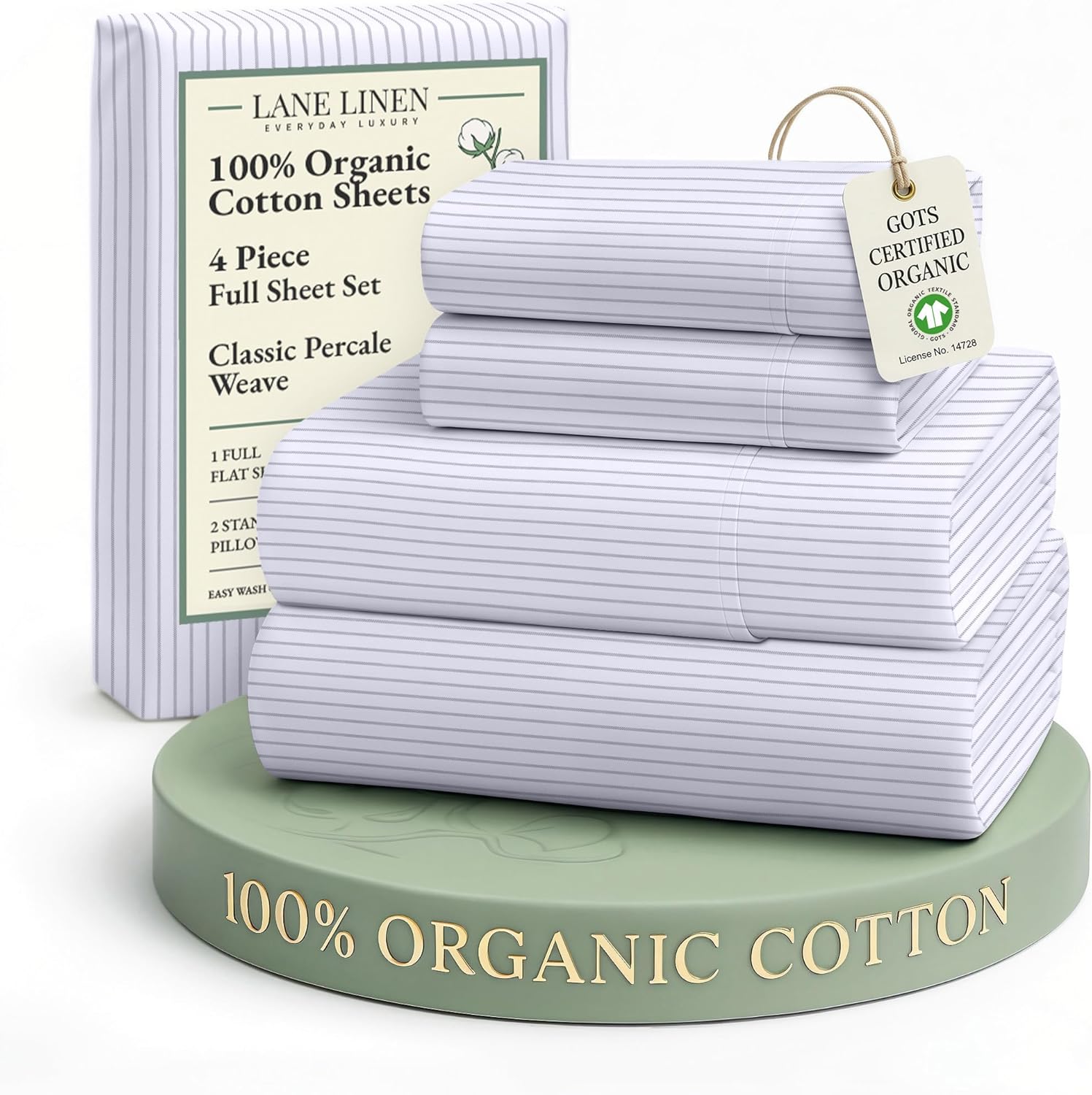 LANE LINEN 100% Organic Cotton King Size Sheets Set, Soft & Comfy All Season Breathable Sheets King Size, Percale Weave Fully Elasticized Eco Friendly Naturally Cooling King White Bed Sheets