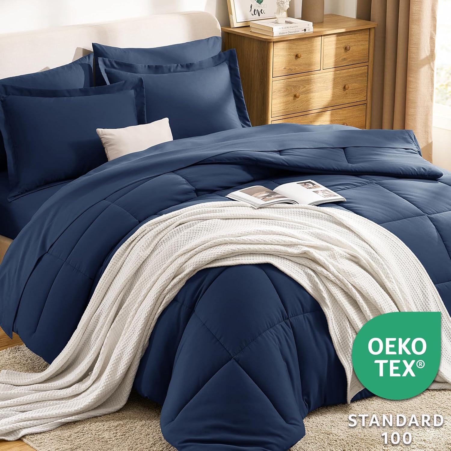 CozyLux Navy Blue Queen Comforter Set with Sheets - 7 Pieces Bed in a Bag Queen Bedding Sets, All Season Soft 7PC Bed Set with Navy Comforter, Flat Sheet, Fitted Sheet, Pillowcases & Pillow Shams