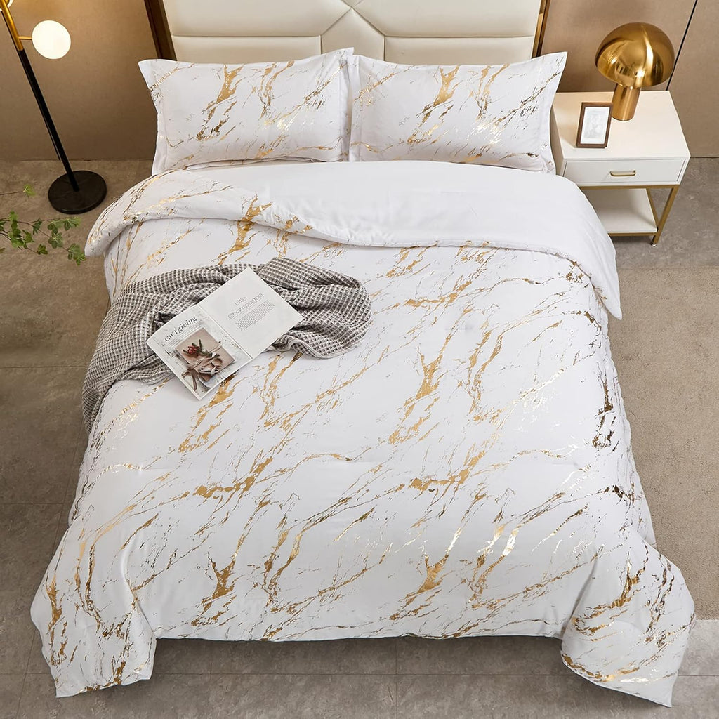 WONGS BEDDING White Gold Metallic Marble Comforter Set Queen Foil Print Glitter Bedding Sets with 2 Pillowcases for All Seasons, Soft Microfiber Filling Bedding Duvet Set 90"x90"