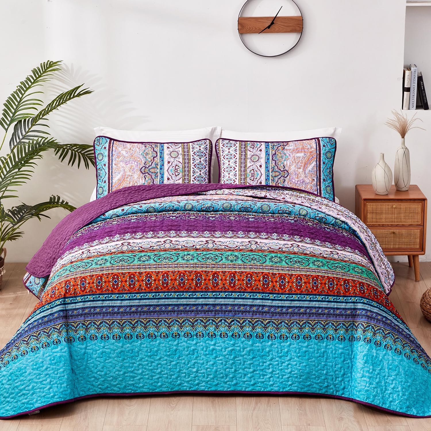 WONGS BEDDING Bohemian Quilt Set King Size, Boho Striped Printed Bedding Bedspread Coverlet Set for All Season, Lightweight Microfiber Quilts with 2 Pillowcases 104"x90" (3 Pieces, Colorful)