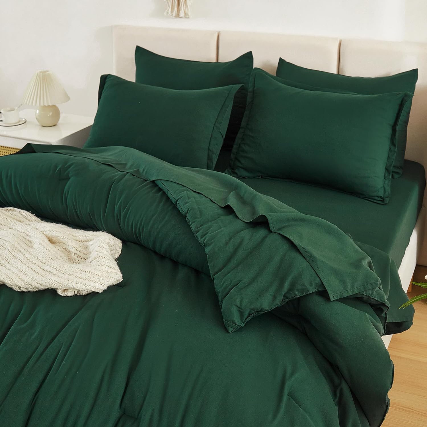 Litanika Queen Comforter Set Dark Emerald Green - 7 Pieces Bed in a Bag Queen Bedding Comforter Sets, Solid Lightweight Bed Set with Comforter, Sheets, Pillowcases & Shams