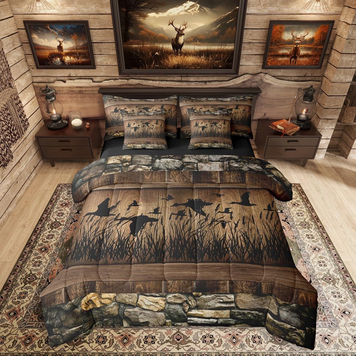 Erosebridal 7 Piece Camo Mallard Duck Comforter Set with Sheets for Kids Boys Men Rustic Farmhouse Cabin Bed in A Bag Queen,Hunting Woodland Duck Bedding Set Country Wood Board Animal Bed Set