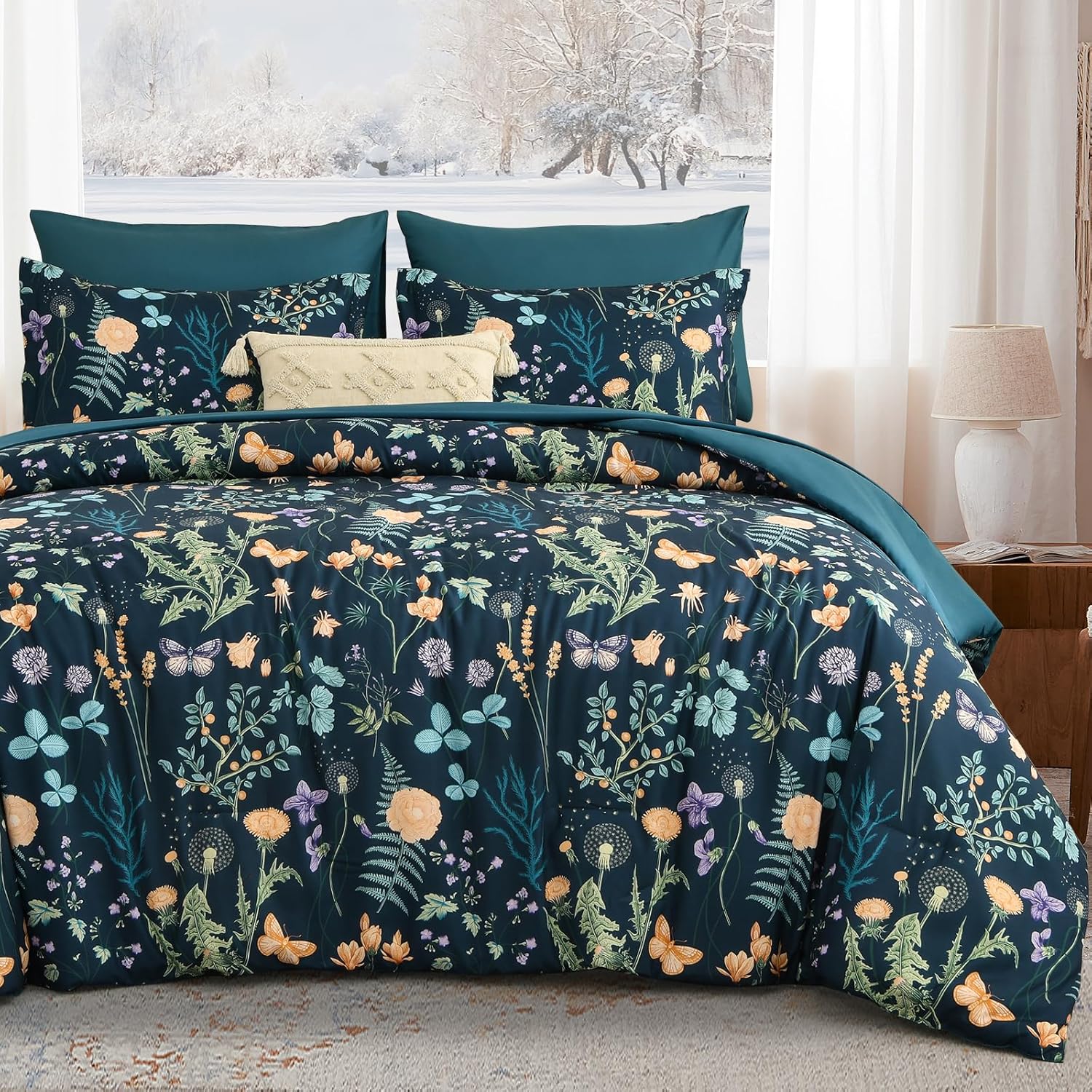 Yiran Queen Comforter Set 7 Piece, Dark Green Floral Bedding Set, Bed in a Bag Queen with Botanical Flowers Patterns, Soft Microfiber Complete Bedding Set with Sheets for All Season