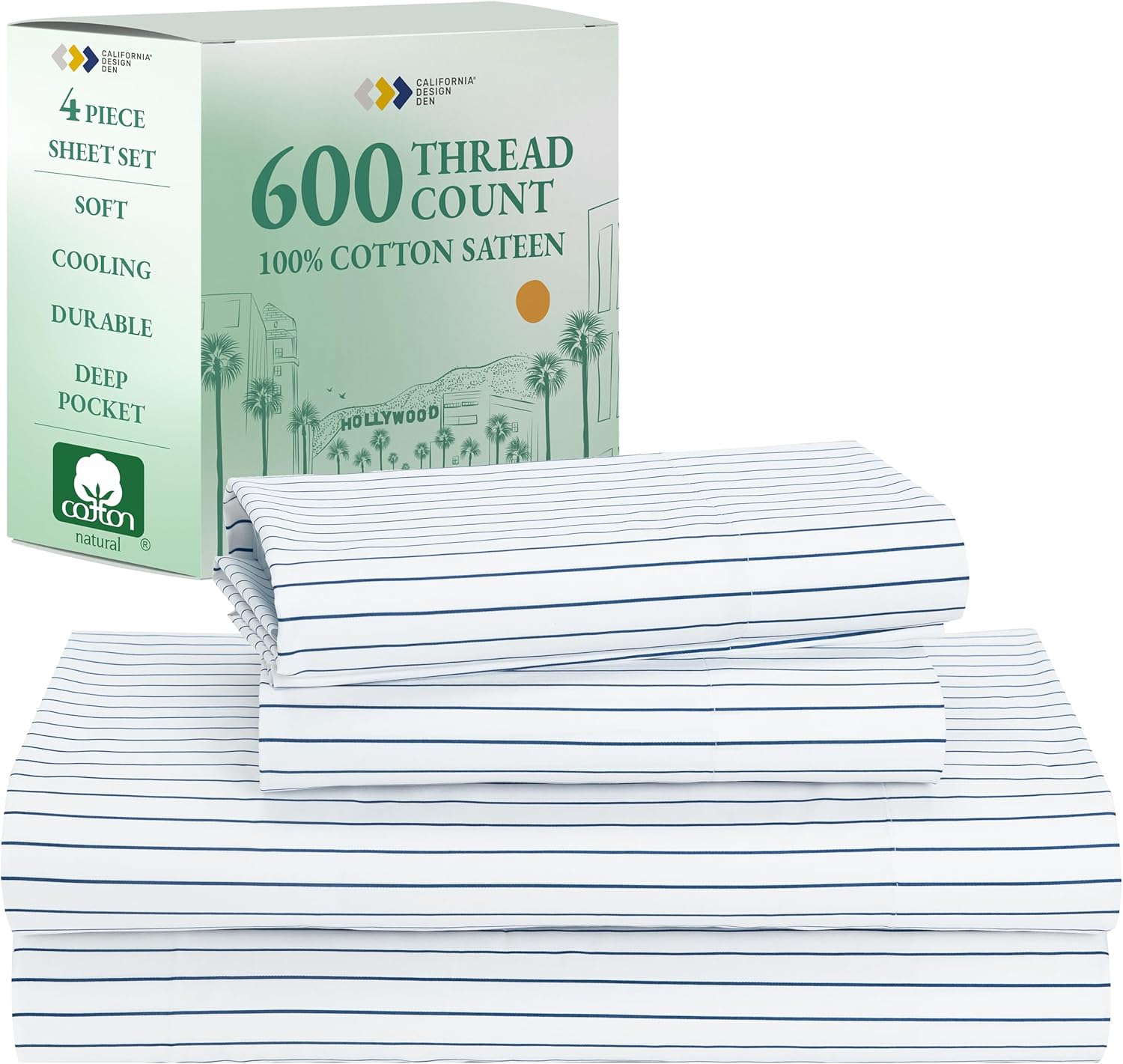 California Design Den Queen Sheet Set - Luxury 600 Thread Count Sateen, 100% Cotton Deep Pocket Queen Sheets with All Around Elastic, Snug Fit, Hotel Quality Bedding Set - White