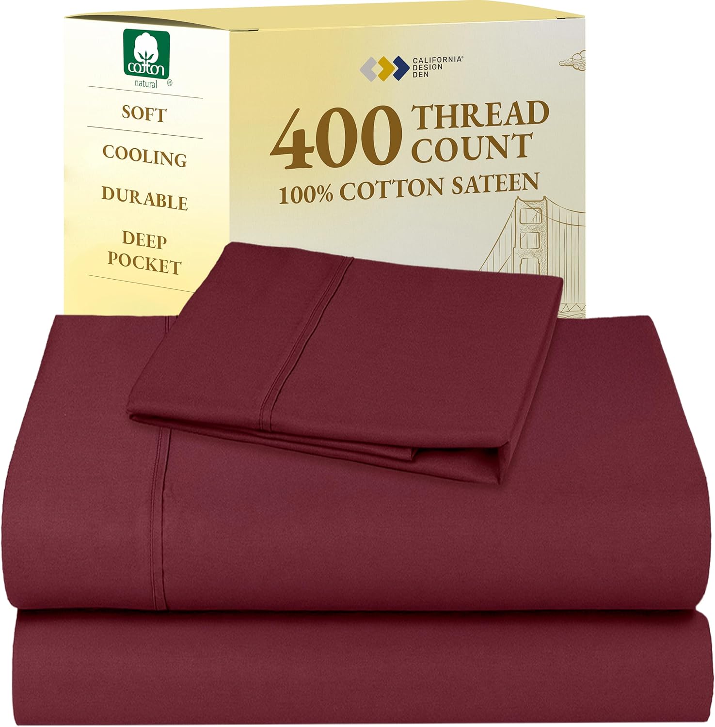 California Design Den King Size Sheets Set - Soft 400 Thread Count Sateen, Natural 100% Cotton Sheets King Size, Deep Pockets with All Around Elastic for a Snug Fit, Cool & Durable Bedding - White