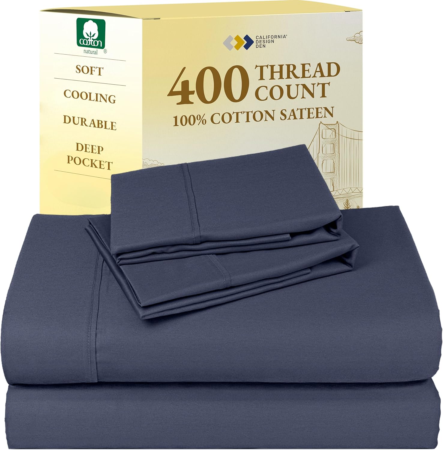 California Design Den King Size Sheets Set - Soft 400 Thread Count Sateen, Natural 100% Cotton Sheets King Size, Deep Pockets with All Around Elastic for a Snug Fit, Cool & Durable Bedding - White