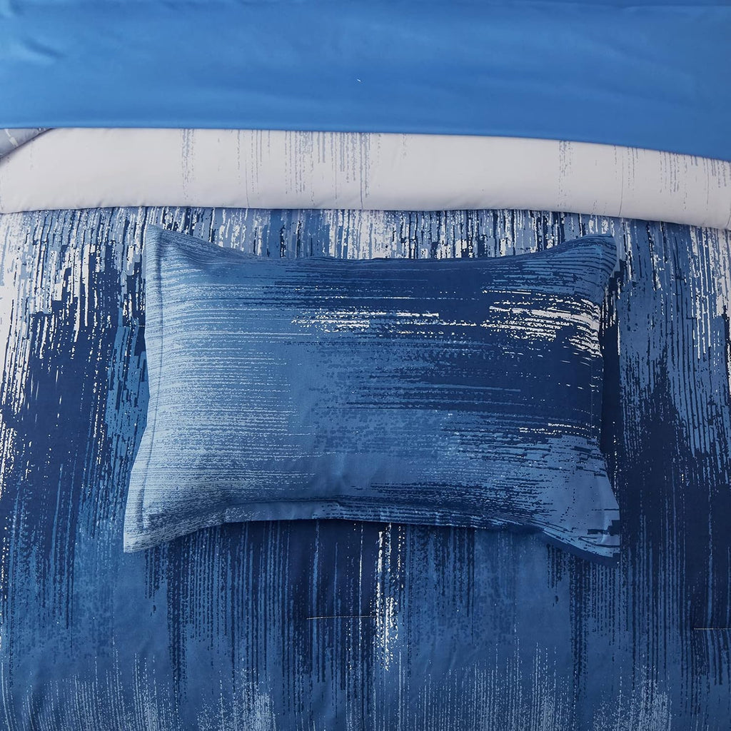 Ombre Blue Comforter Set King Size Reversible Gradient Blue Grey Boho Bedding Set for Men Women 8 Pieces Bed in A Bag Bohemian Bed Set With Comforter, Sheets, Pillowcases & Shams, Cushion Cover