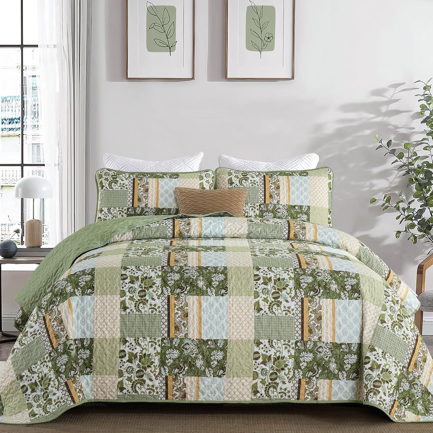 WONGS BEDDING Green Quilt Set King Size，Green Patchwork Plaid Printed Bedspread Coverlet Set，3 Pieces Summer Soft Microfiber Boho Bedding Set with 1 Quilt 2 Pillowcases