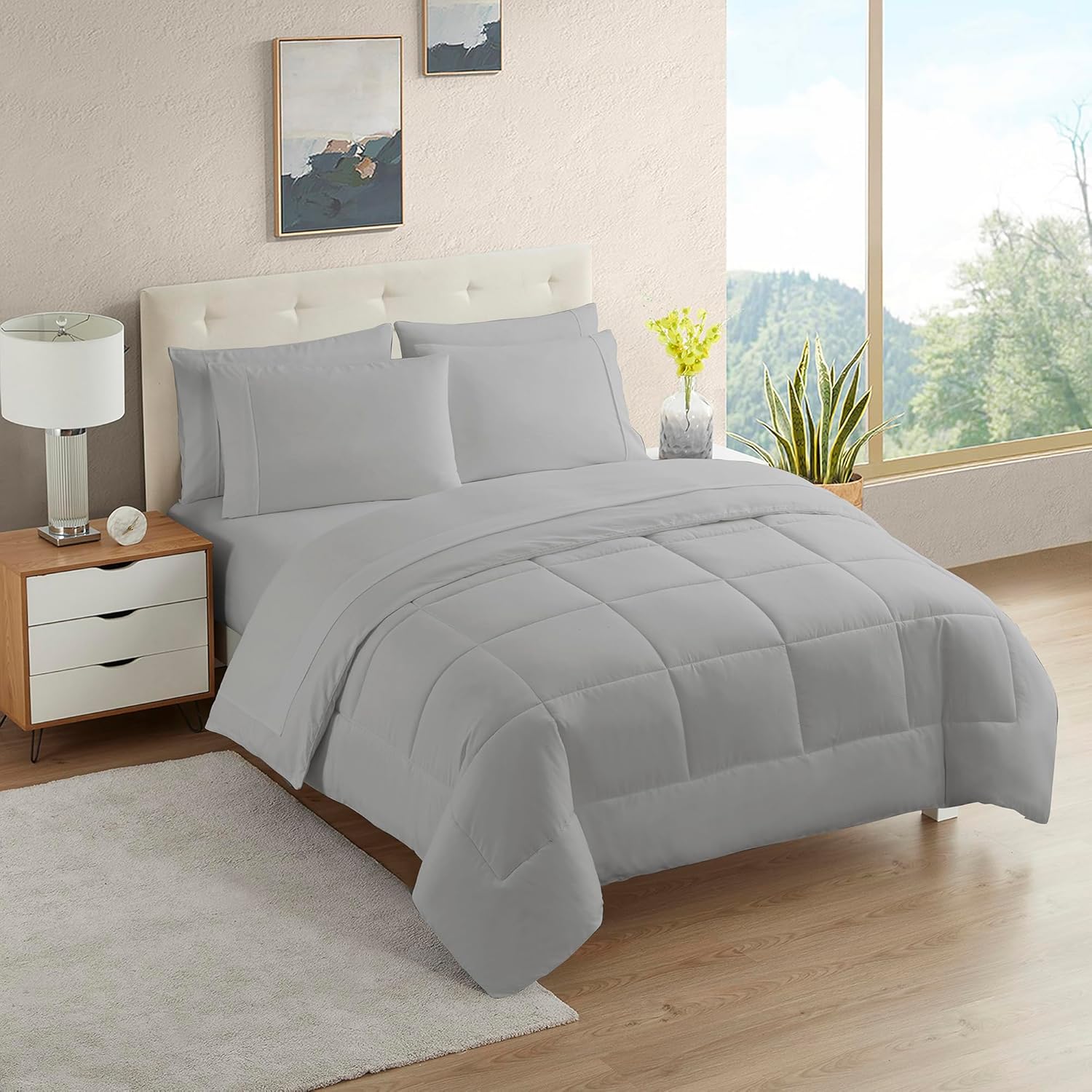 Sweet Home Collection 5 Piece Comforter Set Bag Solid Color All Season Soft Down Alternative Blanket & Luxurious Microfiber Bed Sheets, Gray, Twin