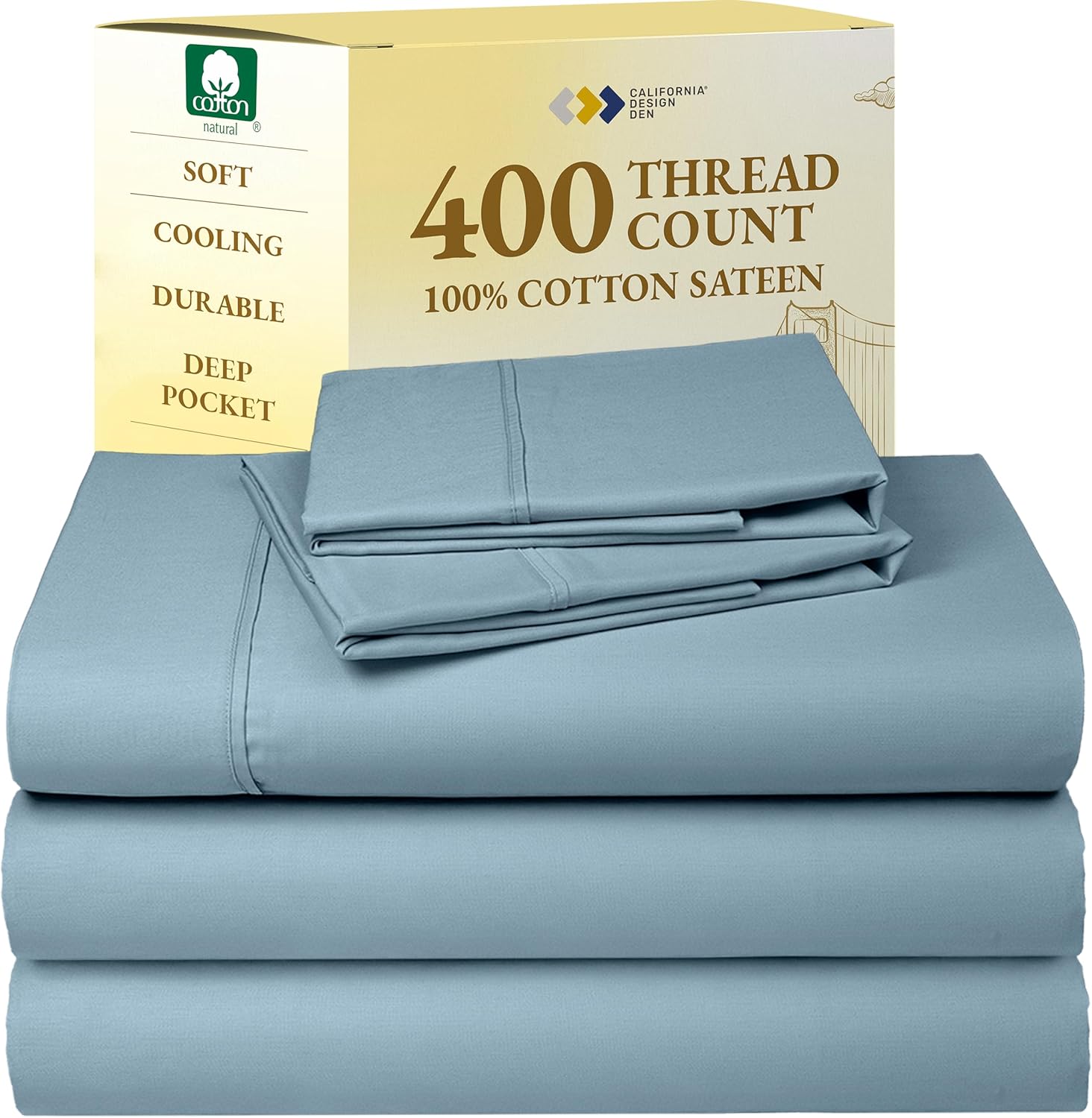 California Design Den King Size Sheets Set - Soft 400 Thread Count Sateen, Natural 100% Cotton Sheets King Size, Deep Pockets with All Around Elastic for a Snug Fit, Cool & Durable Bedding - White