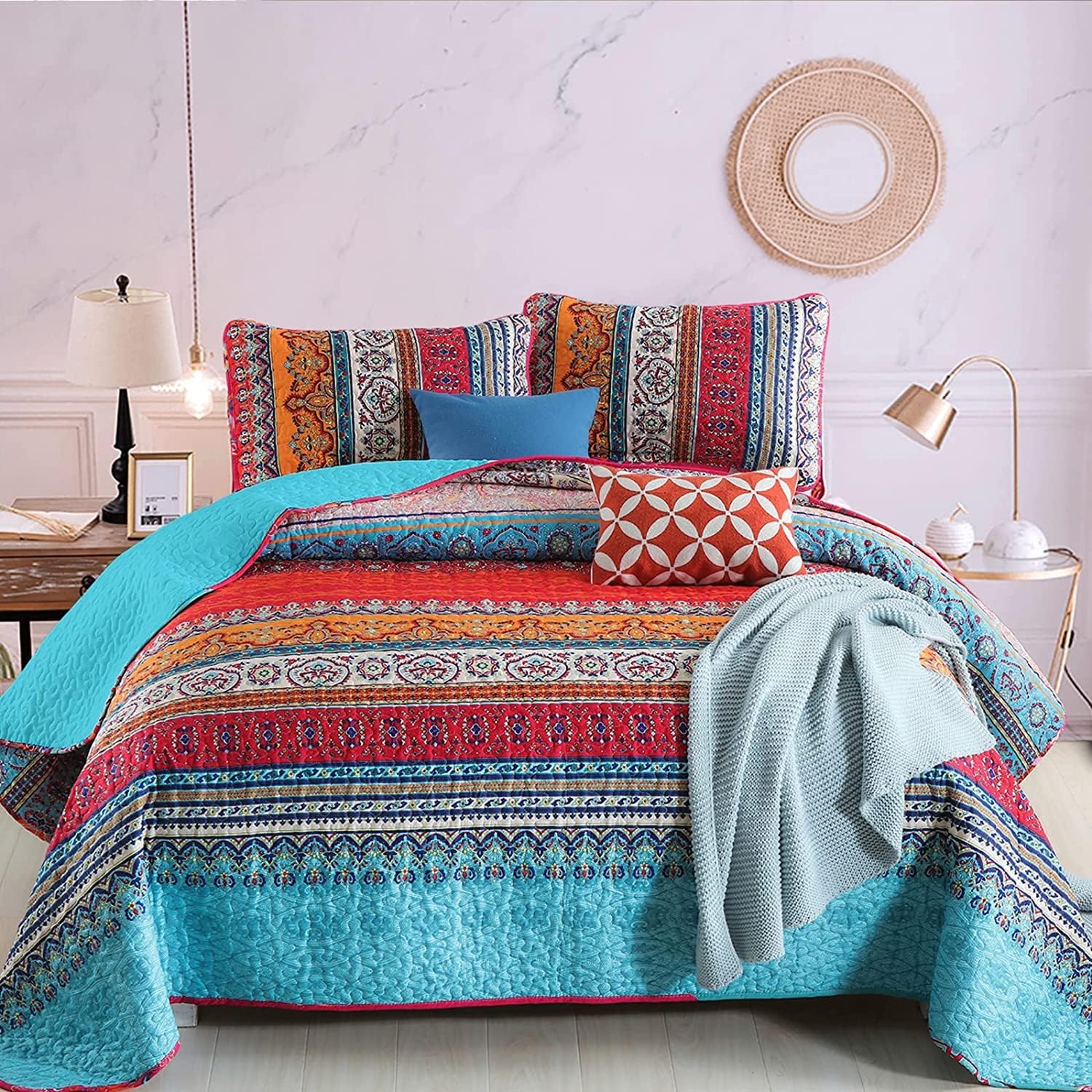 WONGS BEDDING Bohemian Quilt Set King Size, Boho Striped Printed Bedding Bedspread Coverlet Set for All Season, Lightweight Microfiber Quilts with 2 Pillowcases 104"x90" (3 Pieces, Colorful)
