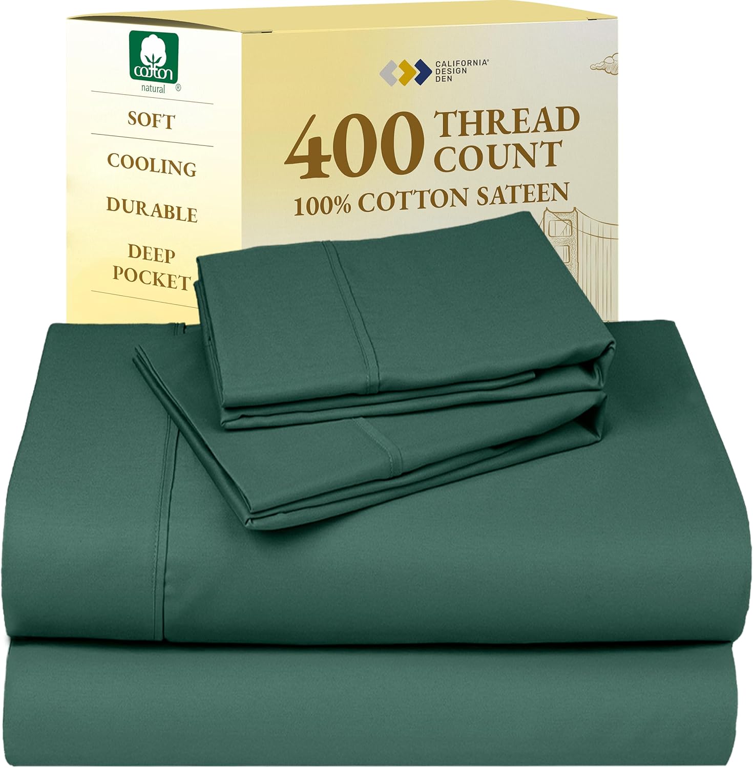 California Design Den King Size Sheets Set - Soft 400 Thread Count Sateen, Natural 100% Cotton Sheets King Size, Deep Pockets with All Around Elastic for a Snug Fit, Cool & Durable Bedding - White