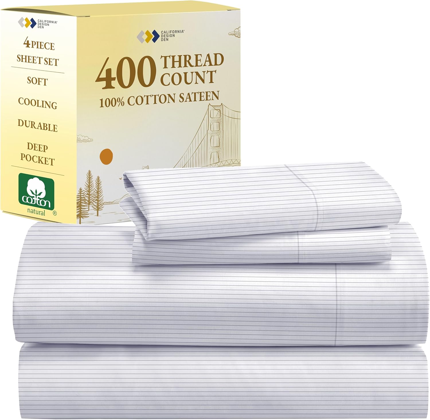 California Design Den King Size Sheets Set - Soft 400 Thread Count Sateen, Natural 100% Cotton Sheets King Size, Deep Pockets with All Around Elastic for a Snug Fit, Cool & Durable Bedding - White